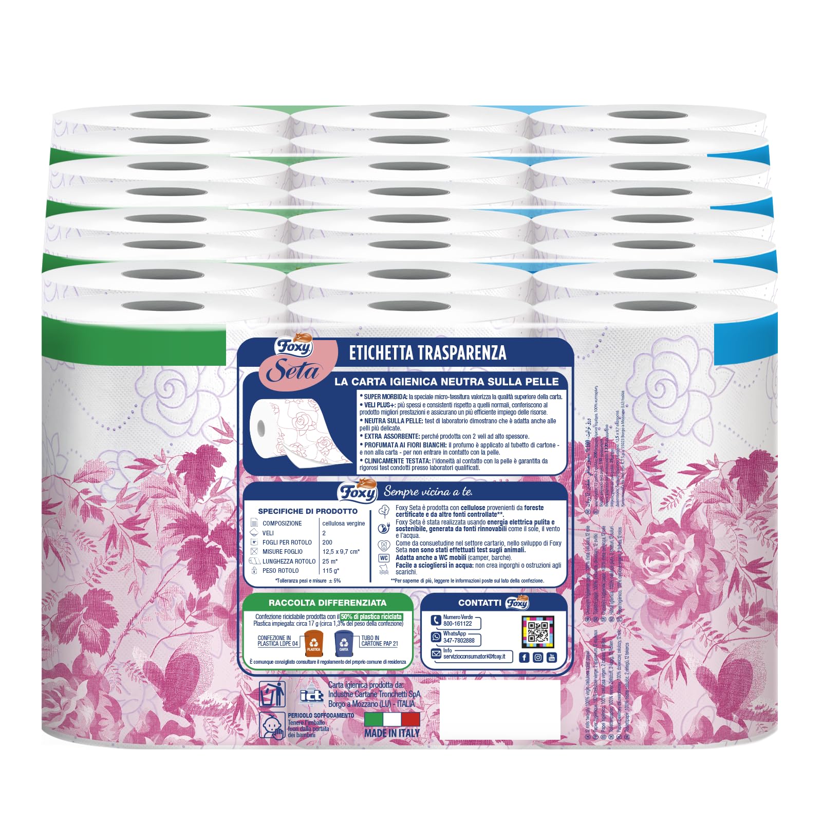 Foxy Seta | Carta igienica 200 strappi x 48 rotoli, 2 veli elevato spessore | Confezione riciclabile prodotta con plastica riciclata