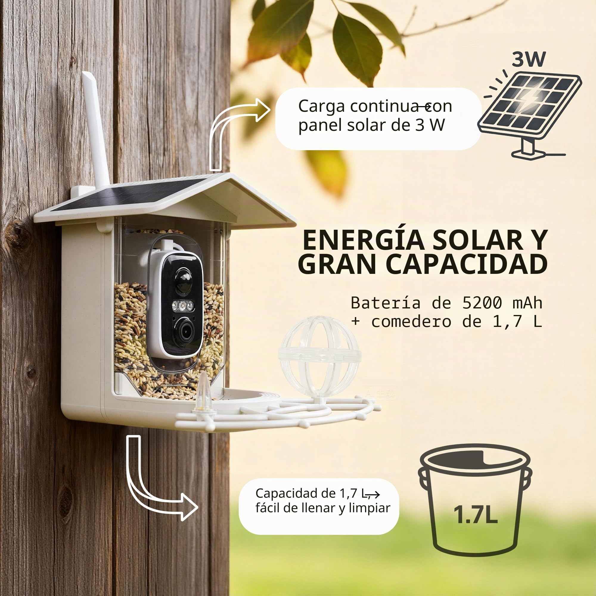 Origem Comedero Pajaros Exterior Paja de Trigo,1,7 L Solar Comedero Pajaros Camara,Prima SD de 64 GB,Impermeable IP65, Visión Nocturna 2K HD, AI Identifica 10000+ Pájaros, Notificación Instantánea
