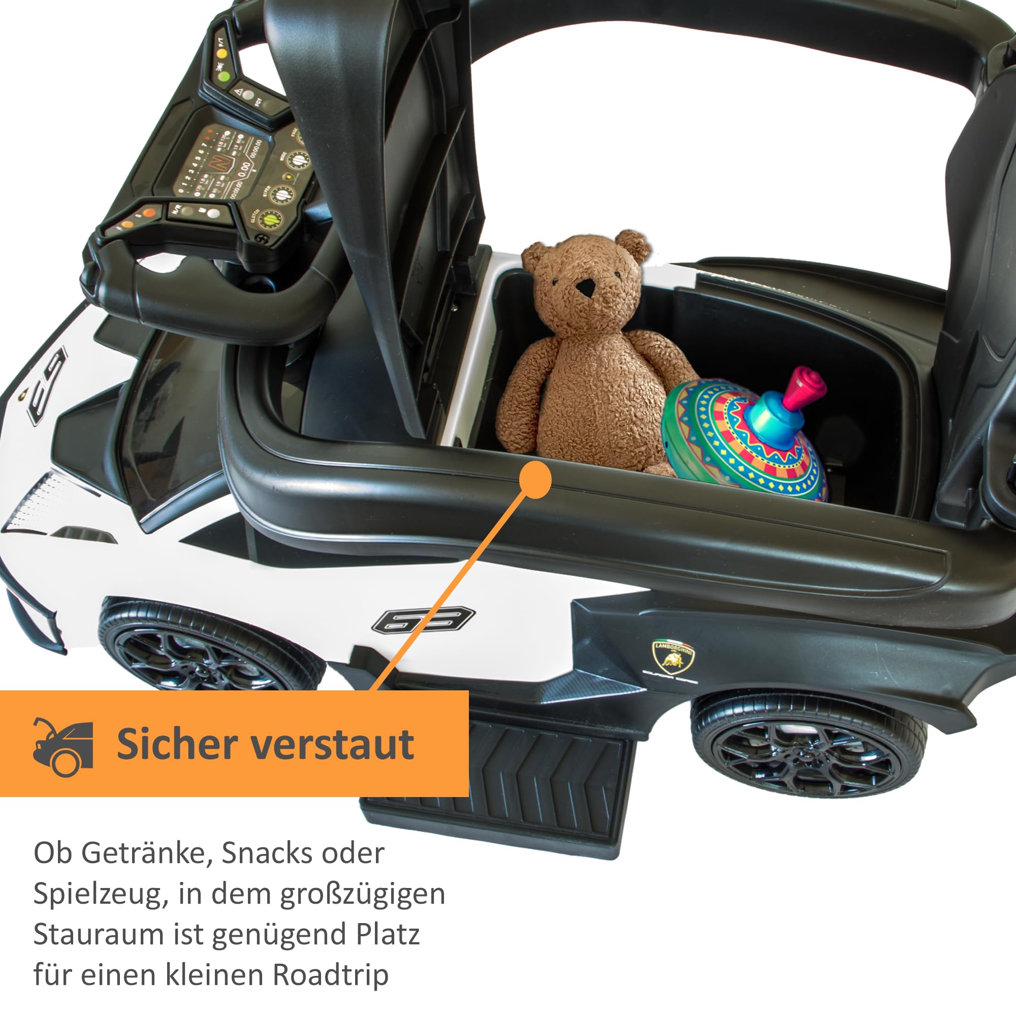 Lamborghini Rutschauto mit Schiebstange ab 1 Jahr | Rutschfahrzeug mit Sicherheitsbügel | Schiebeauto Lamborghini in weiß| Lenkung via Stange möglich | Staufach | Fußablage | Sound