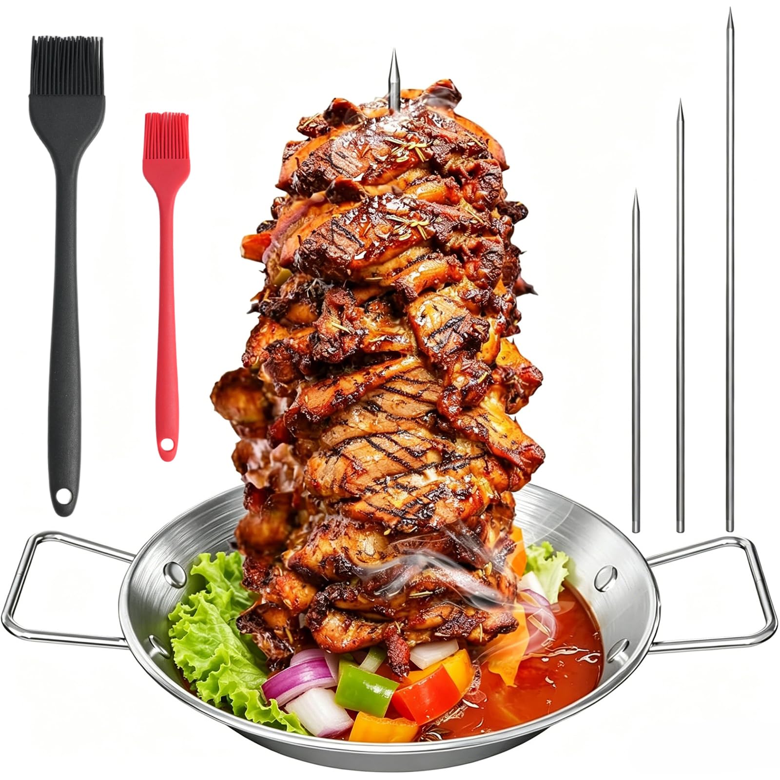 TQIOQIY Vertical Skewer for Al Pastor - Stainless Steel Shawarma Skewer Stand with 3 Kebab Skewers for Grilling BBQ - 10 Inch Metal Vertical Spit for Oven, Smoker and Outdoor Cooking
