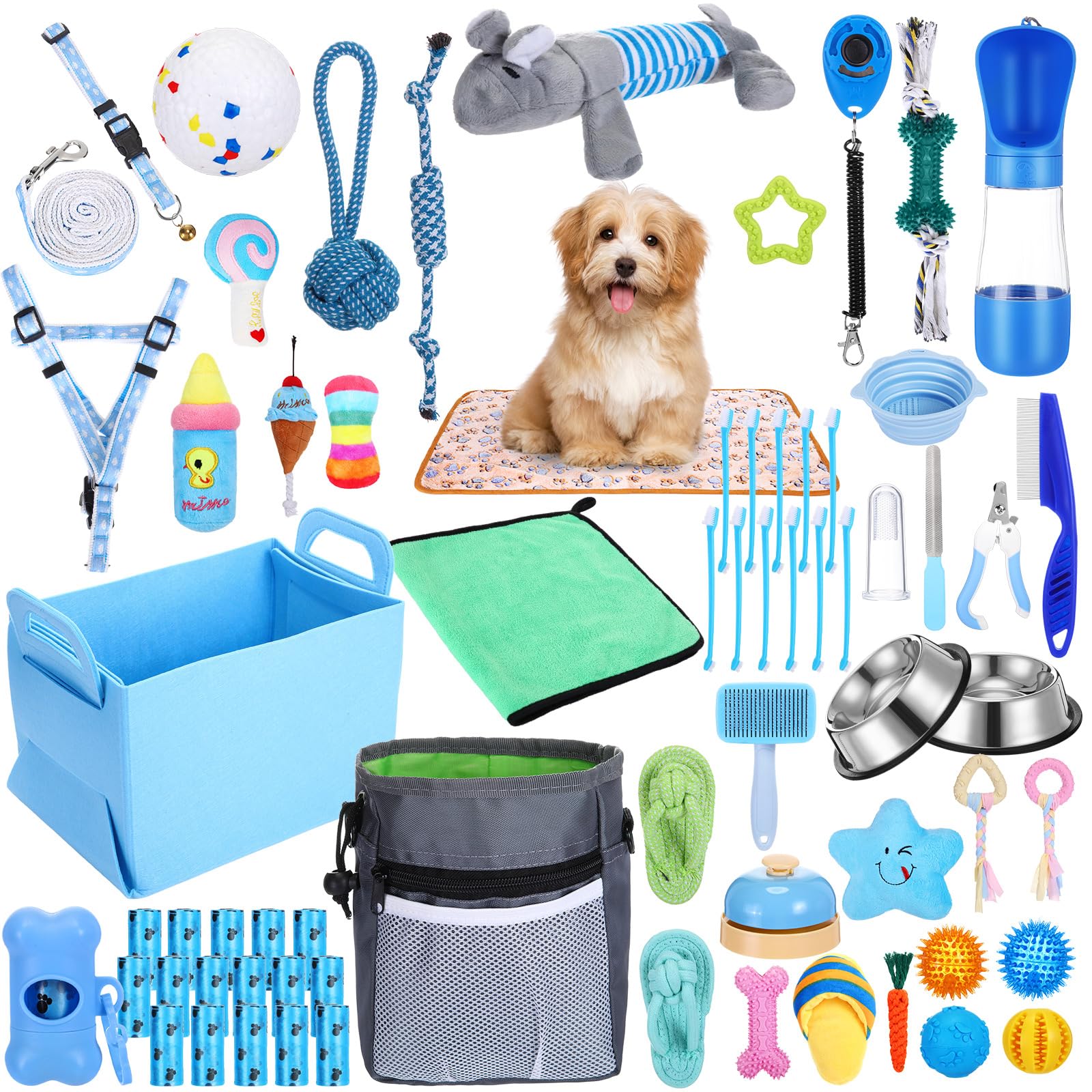 65 Pcs Puppy Supplies Starter Kit Small Dog Essentials Includes Dog Leash, Toys, Bowl, Brushes, Water Bottles, pet Blankets Puppy Accessories for New Welcome Gift Supplies(Cool,Blue) - image 7