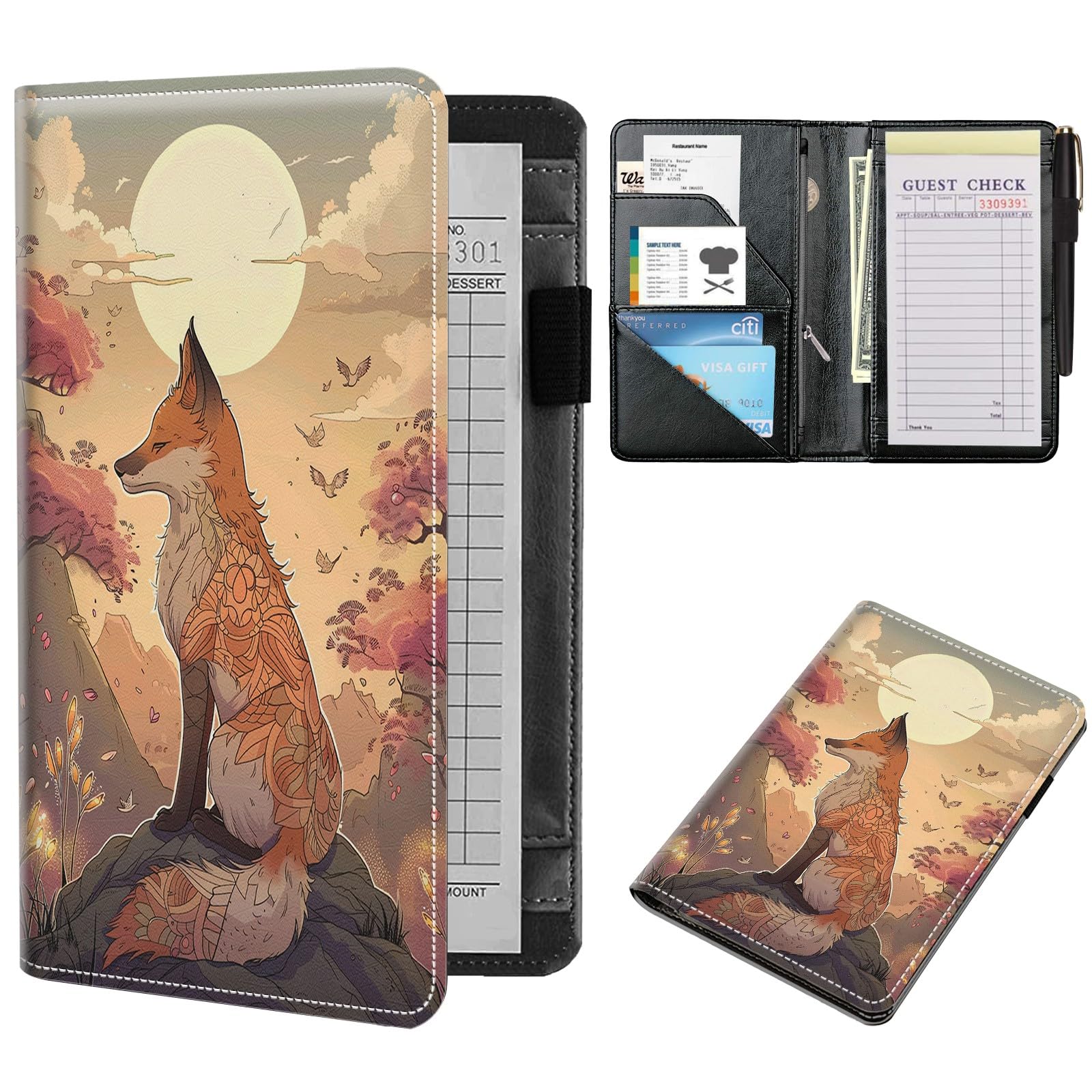 NLZQTTBD Server Book, Server Books for Waitress Compact Cute Waiter Receipt Book PU Leather Waitress Book with Zipper Pocket Cash Check Restaurant Bartender Server Apron Fox