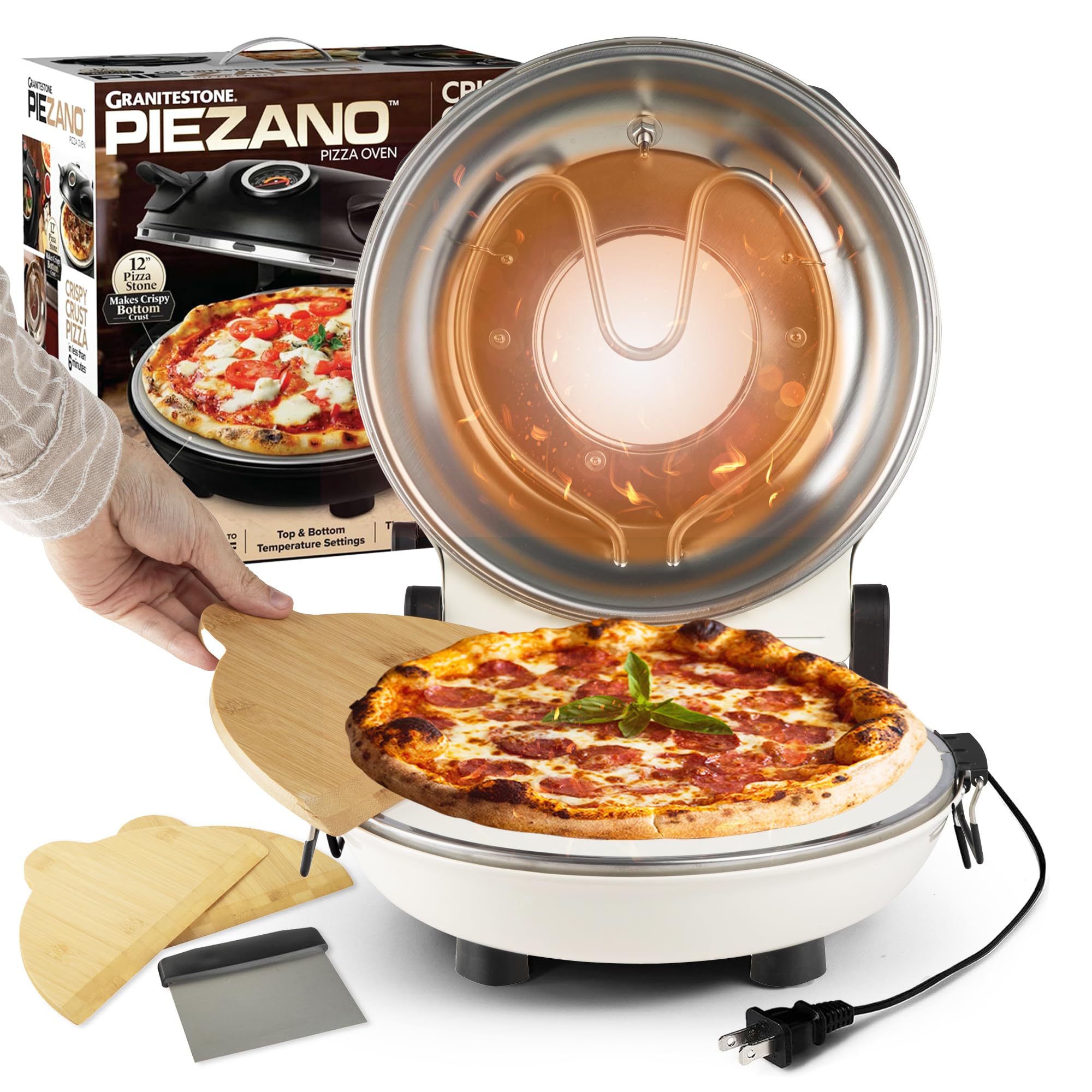 PIEZANO Crispy Crust Pizza Oven by Granitestone – Electric Pizza Oven Indoor Portable, 12 Inch Indoor Pizza Oven Countertop, Pizza Maker Heats up to 800?F for Stone Baked Pizza at Home - Cream