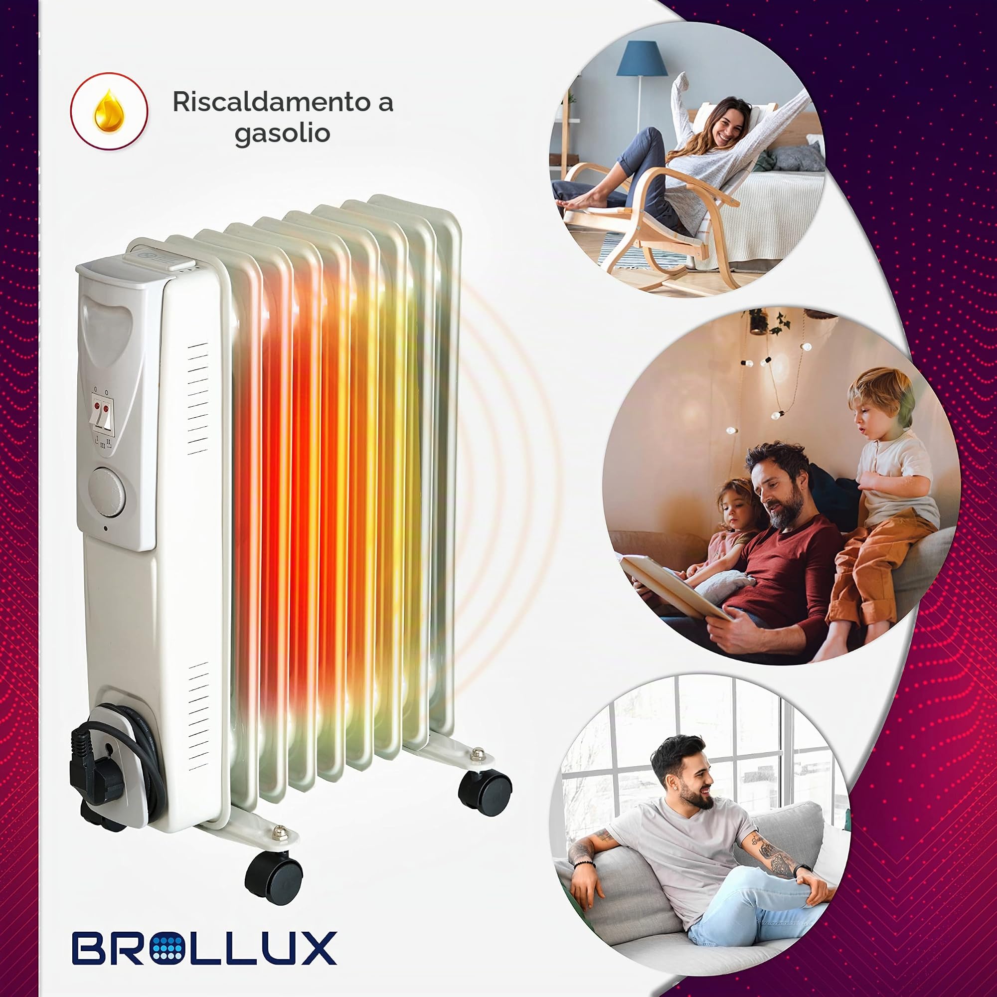 Brollux Riscaldamento a olio elettrico 2000 W OH-09, riscaldamento elettrico a 9 lamelle, termostato, grigio