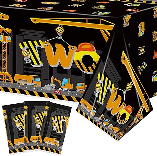 3 manteles de plástico para fiestas de cumpleaños de construcción para niños de dos años de segundo cumpleaños, suministros de fiesta desechables