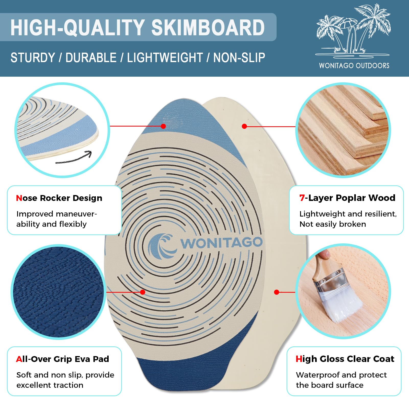 Skimboard mit EVA-Griffpolster und hochglänzendem Klarlack, Skimboards aus Holz für Kinder, Jugendliche und Erwachsene