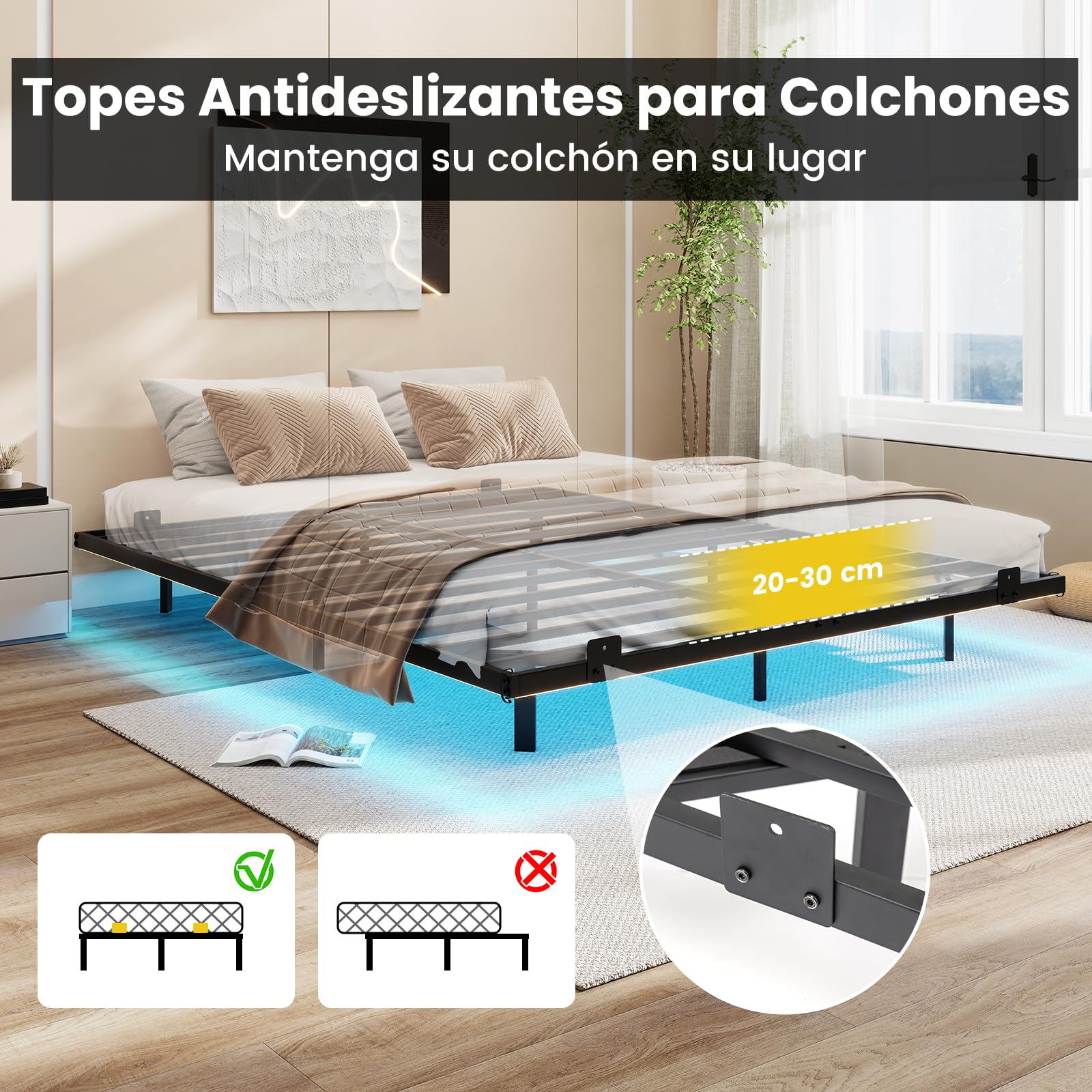 COSTWAY Estructura de Cama Flotante con Luces LED, Marco de Cama de Metal, Cama Plataforma Moderna con Tope Antideslizante para Colchón, Base de Láminas Resistentes (200 x 160 x 24 cm)