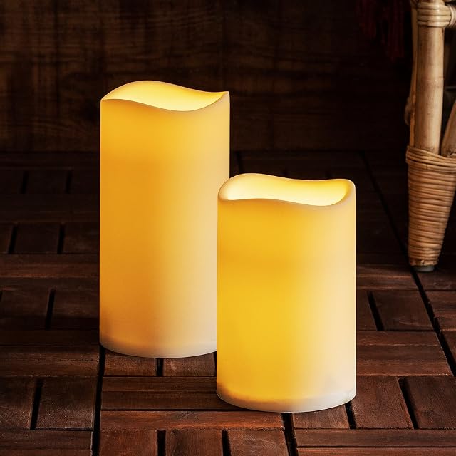 Lights4fun Set of Two Large Outdoor Waterproof Battery Operated LED Pillar Candles