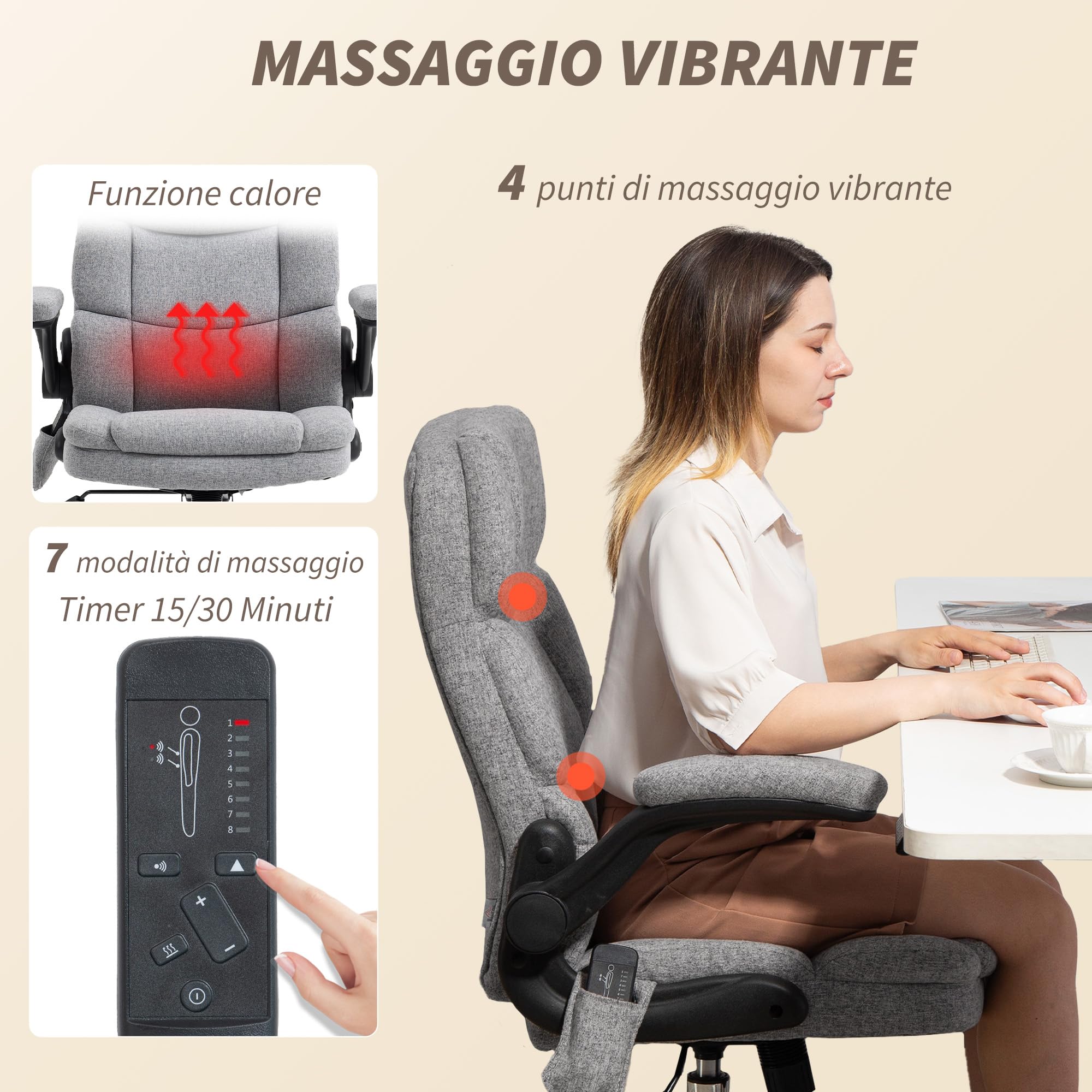 HOMCOM Sedia da Ufficio Massaggiante 4 Punti Vibrante Riscaldata Grigio | Funzione Dondolo, Poltrona Ufficio, Sedia Scrivania, Tessuto Effetto Lino, Braccioli Ribaltabili, Altezza Regolabile
