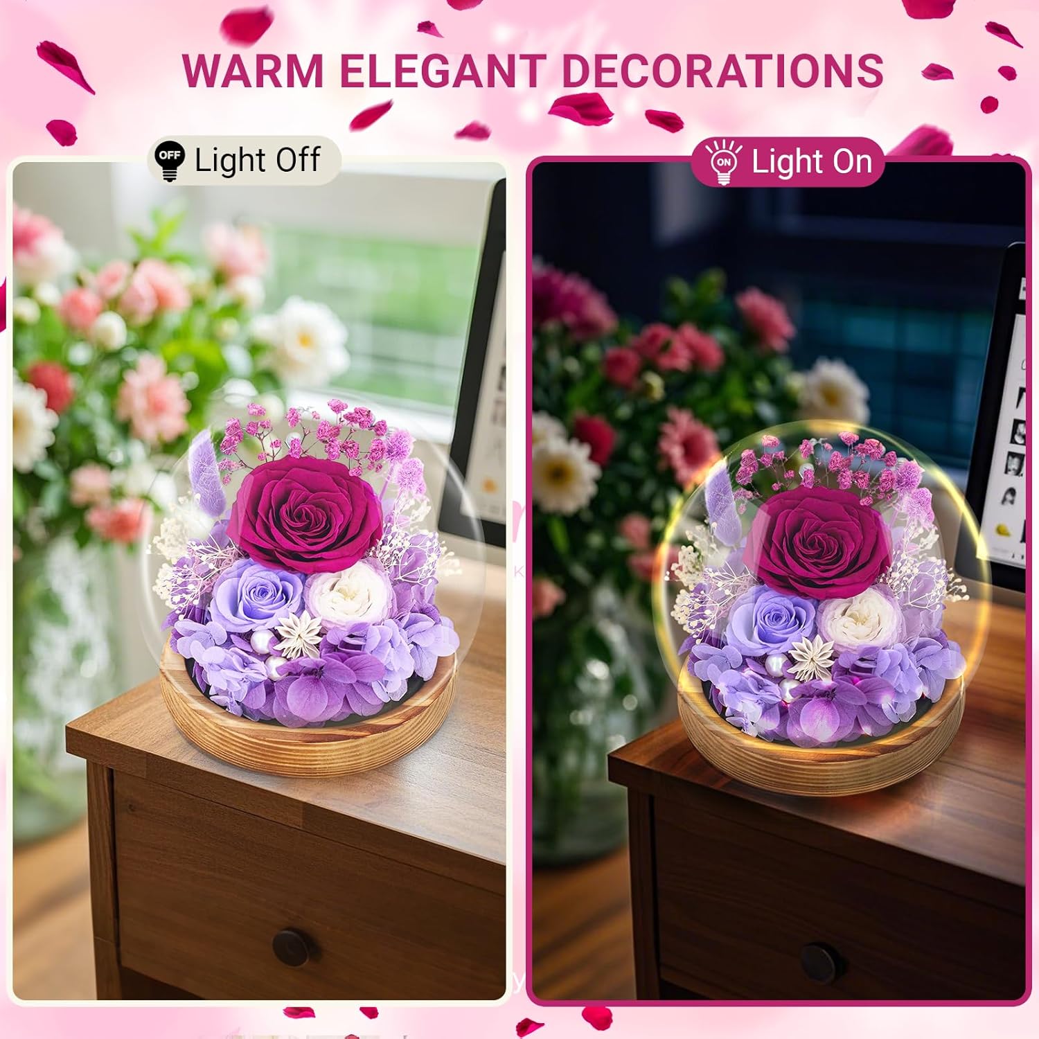 Preserved Flowers Roses in Glass Dome, Forever Flowers for Delivery Prime, Eternal Rose Long Lasting Flowers Gifts for Women Mom Wife Grandma Friends(Purple) - Image 4