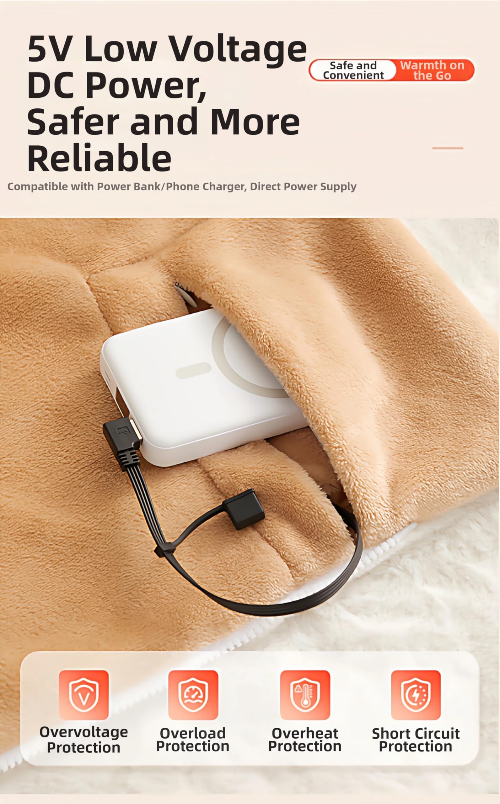 Przenośny podgrzewany szal dla kobiet, koc grzewczy USB, elektryczny podgrzewany koc, 3 poziomy ogrzewania, do użytku wewnątrz i na zewnątrz