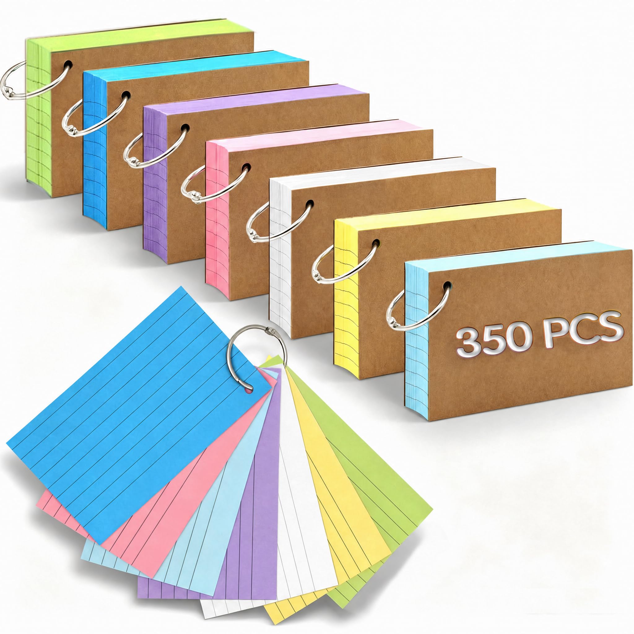 350 PCS Flash Cards, 3x5 Inch Kraft Paper Revision Cards, Multicolor Double Sided Flashcards with 7 Metal Binder Rings, Ideal for School Office Home Learning & Stationery Supplies
