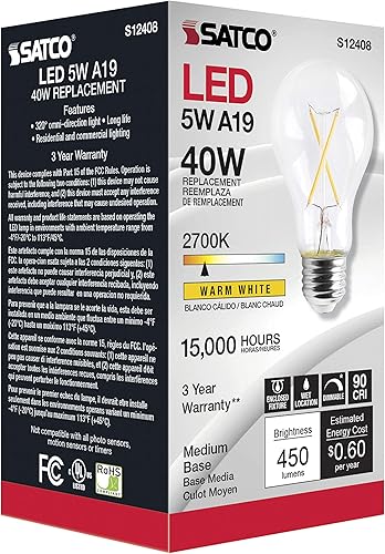 Miniatura 5 de Satco Paquete de 6 lámparas de filamento LED regulables, S12408, lúmenes altos, 5 vatios, A19; transparente; base media; 2700 K; 90 CRI; 120 voltios