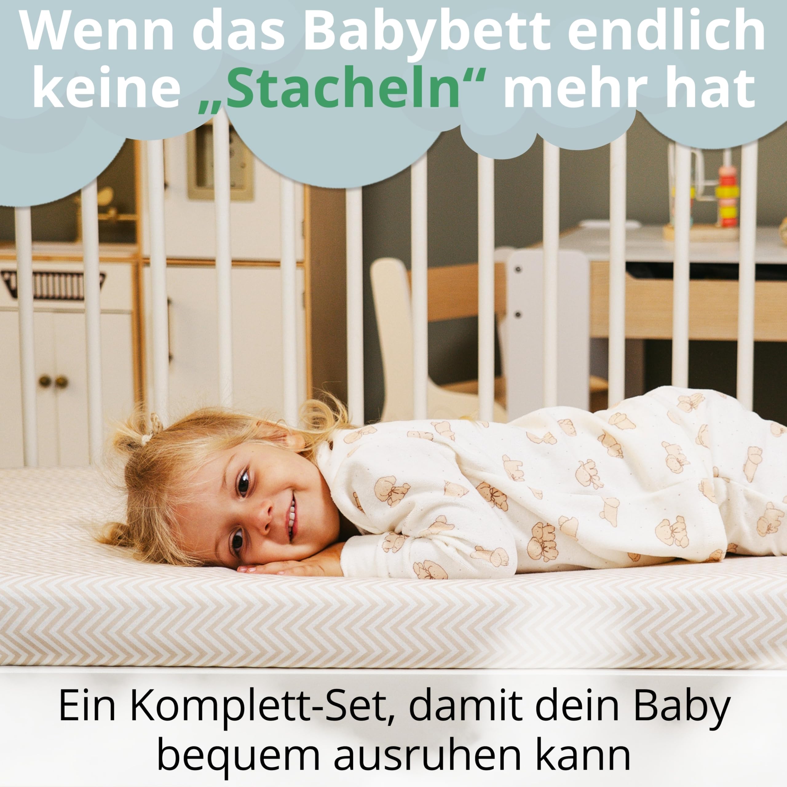 Spannbettlaken 70x160 Set für Kinderbett. 2 Spannbettlaken aus Baumwoll-Jersey + 1 Matratzenschoner Wasserdicht für Kinderbett. OekoTex Zertifikat. Beige-Muster 160x70
