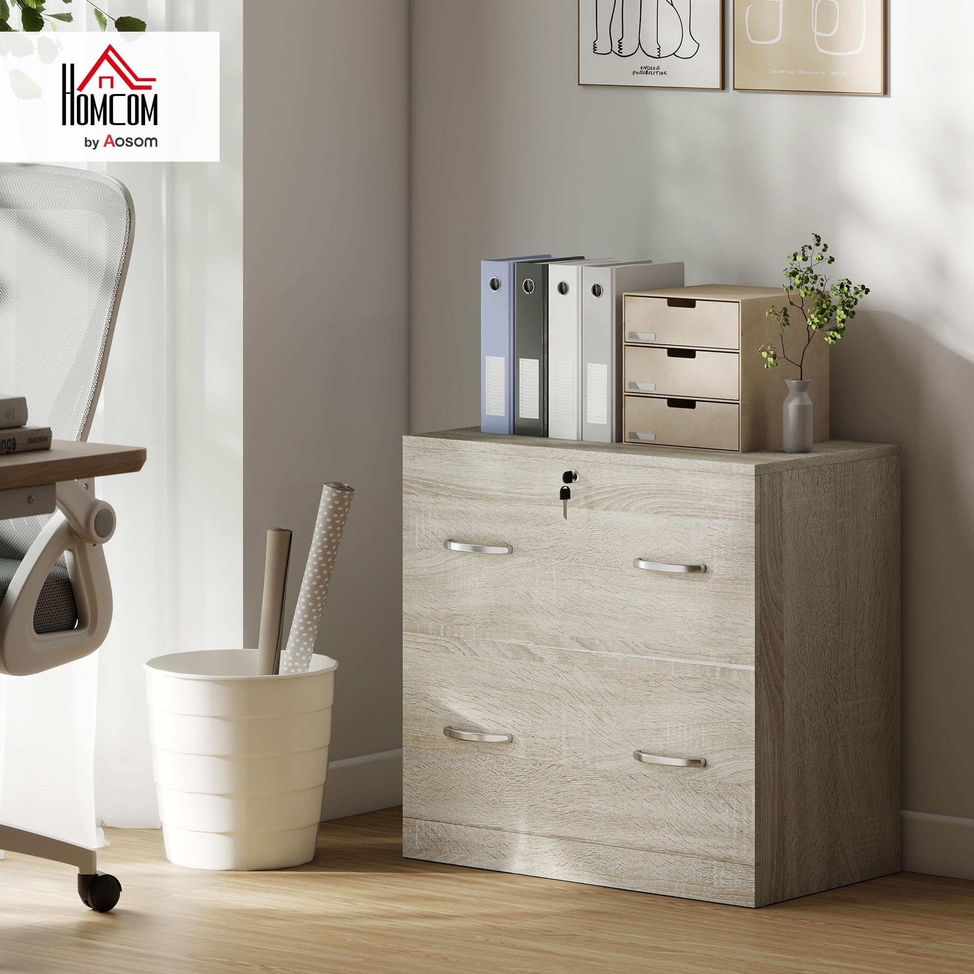 Vinsetto Commode de bureau avec 2 tiroirs avec guides pour dossiers suspendus pour serrure A4 et 2 clés pour studio salon 74 x 42 x 72 cm Naturel