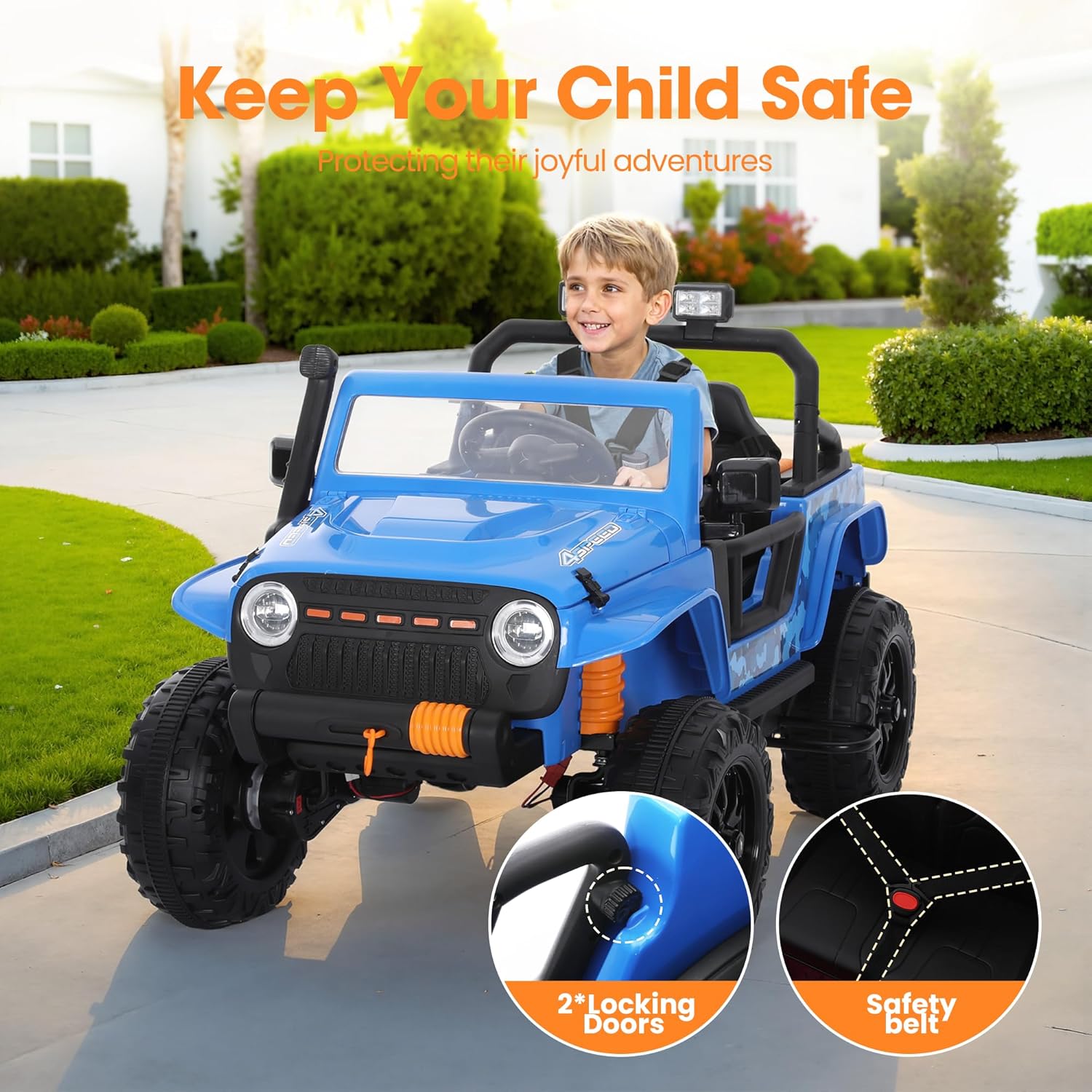 24V Kids Ride on Car, 2 Seater 4WD Electric Car for Kids w/Parent Remote Control, Off-Road Ride on Truck Car, Power Wheels, Kids Jeep with LED Lights, Bluetooth Music, Gift for Kids Ages 3+, Blue