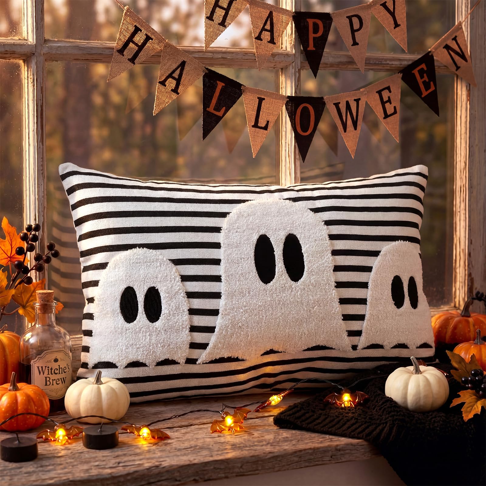 Boao Halloween Ghost Pillow Covers 12x20 Spooky Black and White Striped