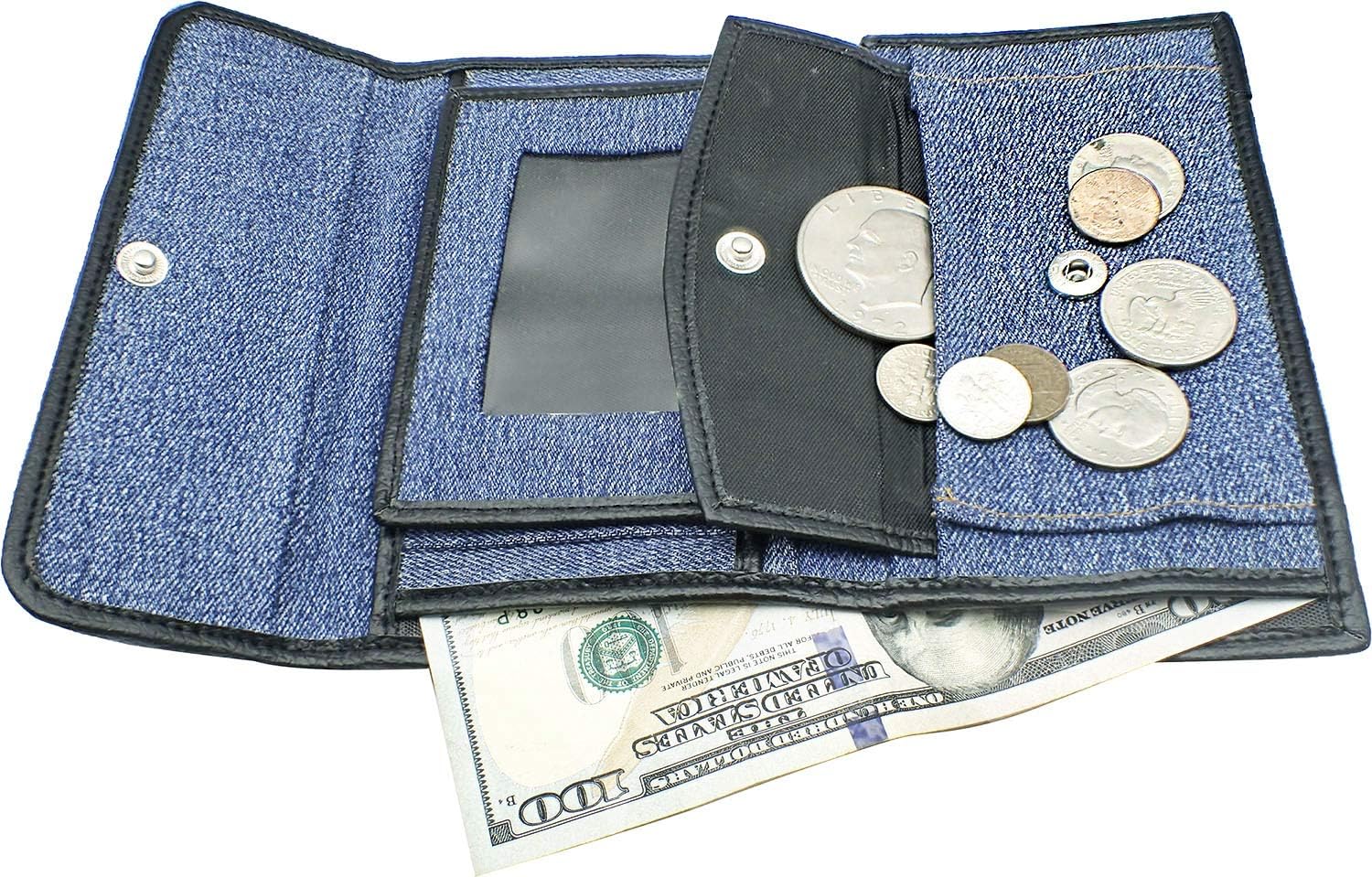 Upcycling Denim Trifold Money Coin ID Window Card Holder Organizer Compact Short Wallet Purse - Image 6