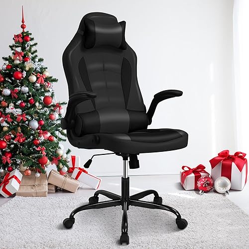 Silla de juegos negra, sillas de juego de cuero PU para adultos, silla de oficina cómoda, silla de escritorio ergonómica, silla de computadora con