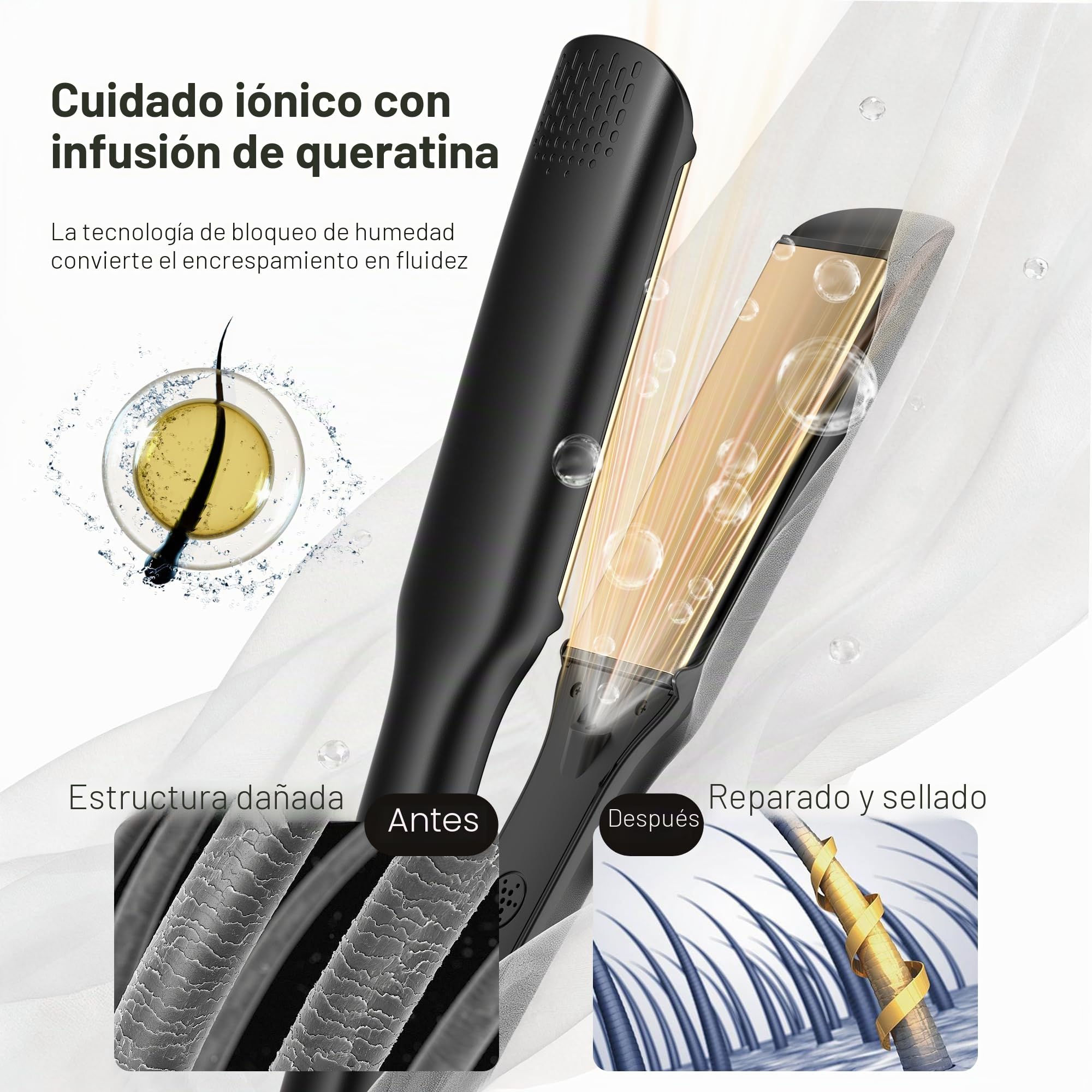 BarberBoss Alisador, placas flotantes de cerámica, tratamiento iónico y queratina para cabello liso y sin encrespamiento, plancha profesional a temperatura ajustable (QR-8422, Negro)