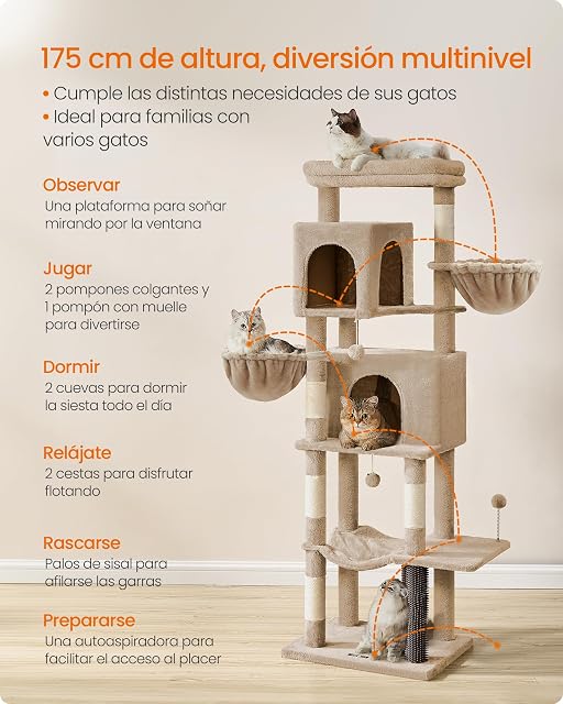 Foto 4 de 8 de Feandrea Árbol Grande para Gatos, Torre para Arañar de 175 cm de Altura, Multinivel con 2 Cuevas, 2 Cestas