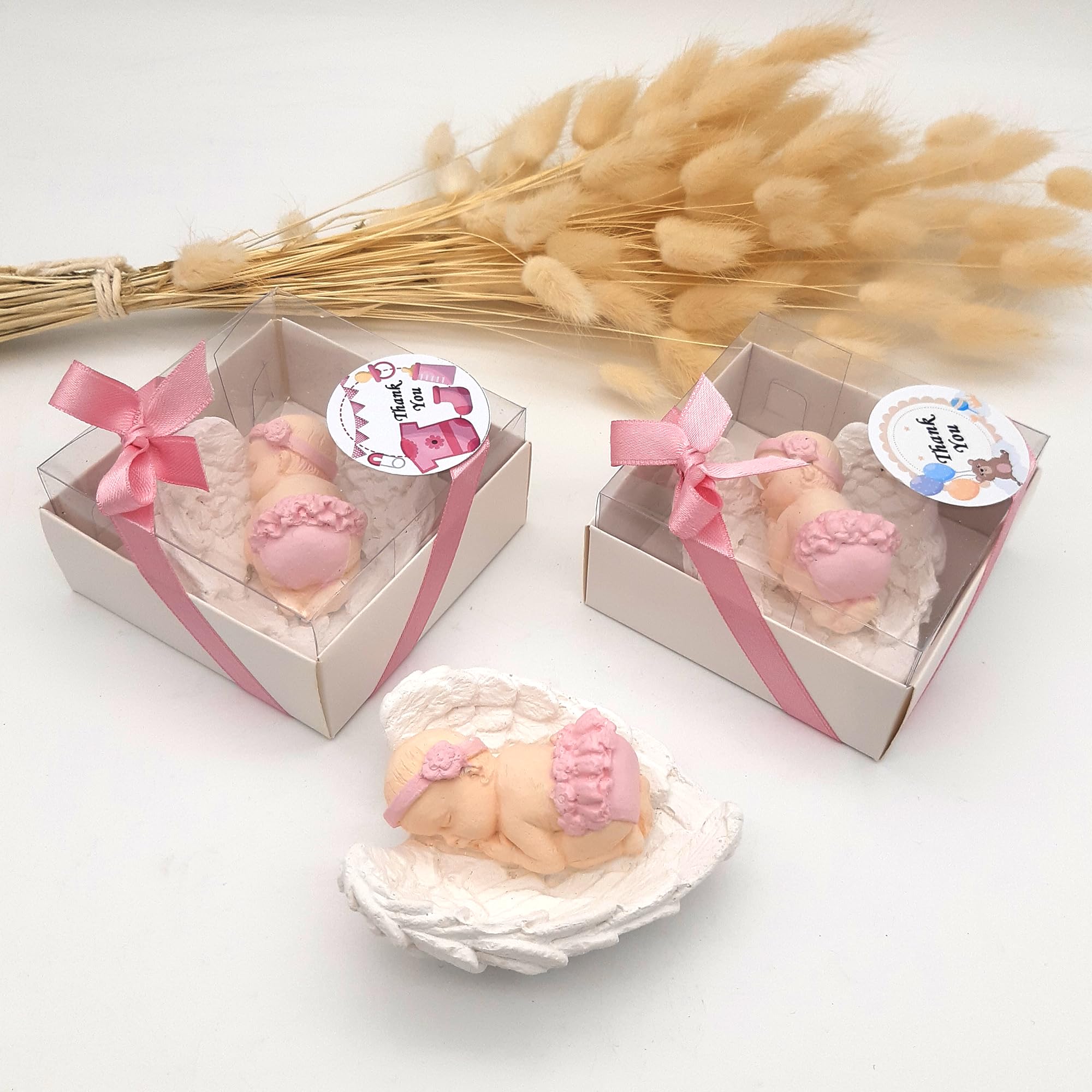 detalles bautizo para invitados, recuerdos bautizo 40 piezas niña niño bebe de piedra imanes detalles comunion para invitados, regalos originales bautizos para recien nacido (Bebé rosa ala blanca)