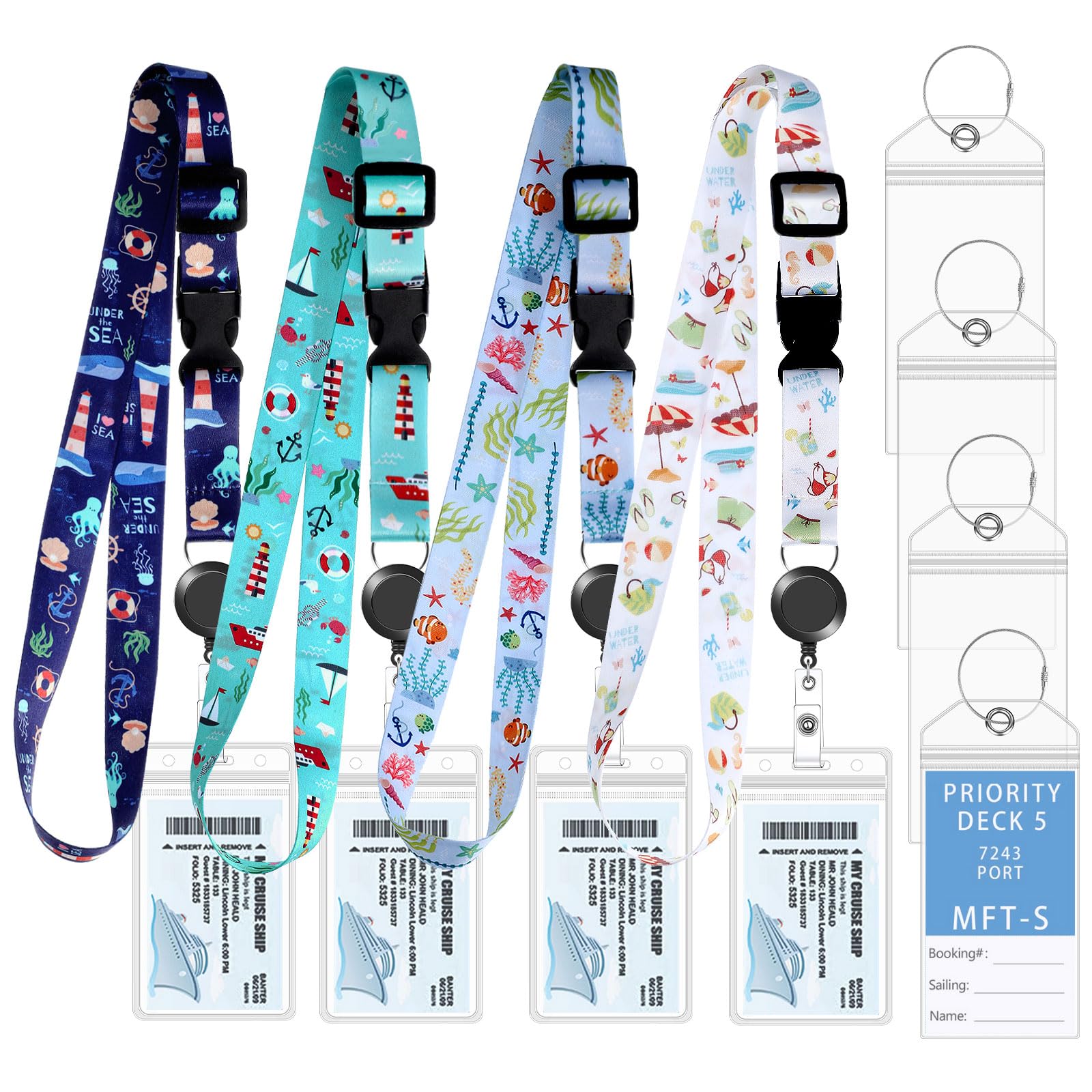 Prudiut 4 Pack Cruise Lanyard for Cruise Ship Cards, Retractable Cruise Lanyards with 4 Pcs Cruise Luggage Tags & Waterproof Id Badge Holder (Vivid Style)