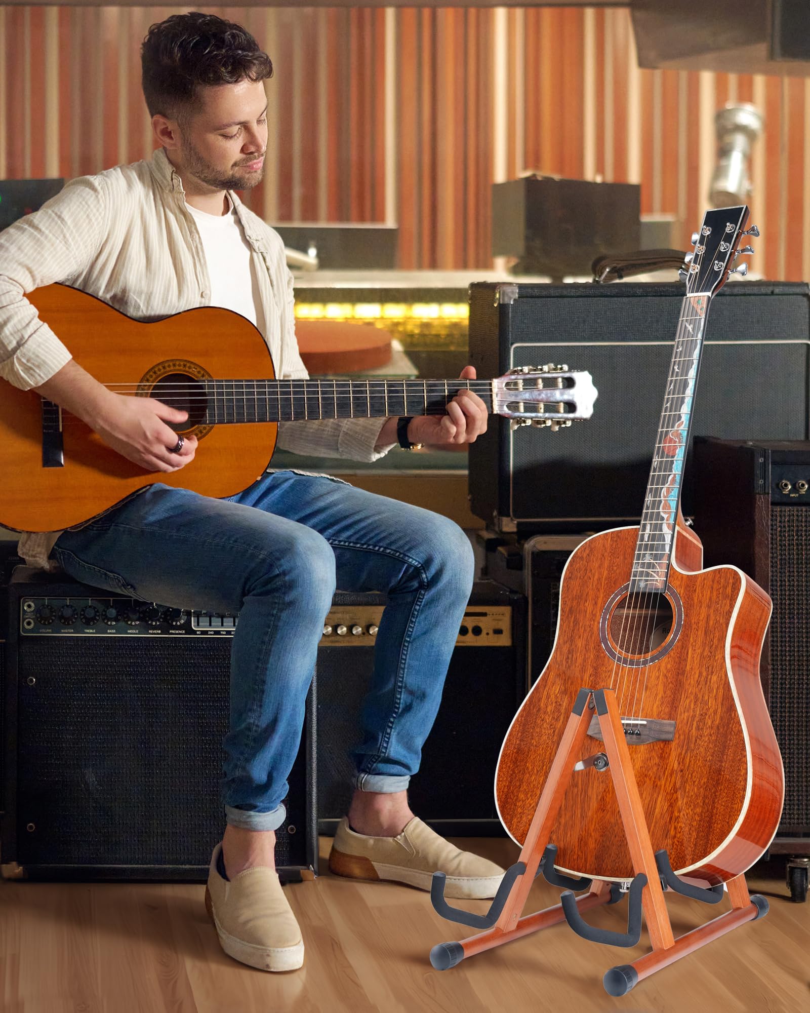 Double support de guitare en forme de A pour 2 guitares (acoustique/basse/banjo) avec rembourrage en mousse – Support de sol solide pour studio et maison
