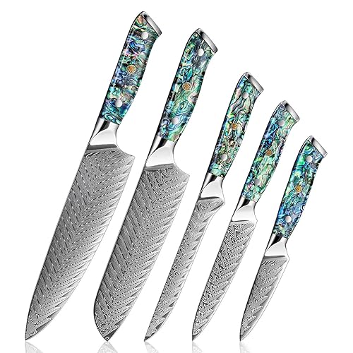 SENKEN Damascus Steel Kitchen Knife Set - Umi Collection - 67-Layer Japanese VG10 Steel, Real Deep-Sea Abalone Shell Handle, Chef's Knife, Santoku, Paring, Fillet, Utility (5-Piece Damascus Knife Set)