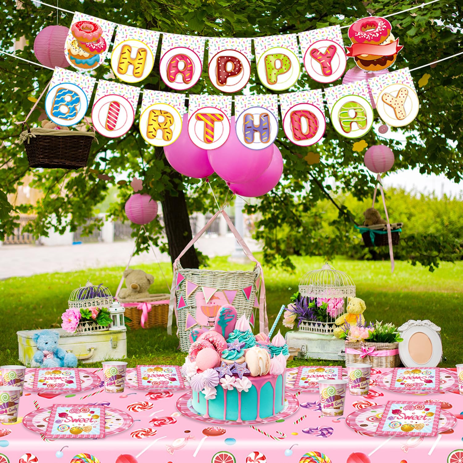 Ensemble De Vaisselle En Forme De Donuts, Décorations Sucrées, Bannière D' Anniversaire Sur Le Thème Des Beignets, Assiettes De Gâteau, Serviettes, Tasses – 16 Invités