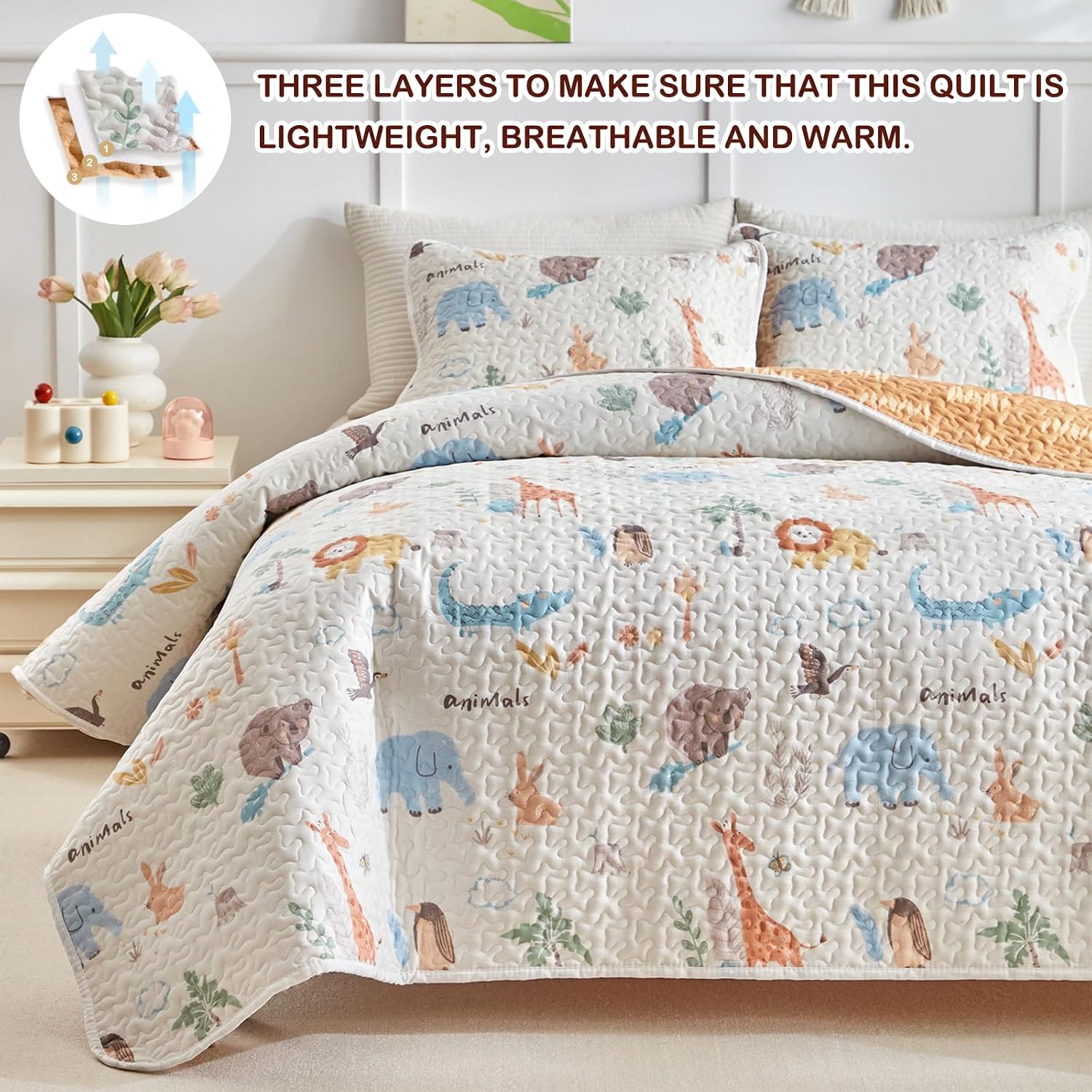 Joyreap 3 Pieces Full/Queen Size Cotton Quilt Set, Zoo Theme Animals White n Orange Design, Cozy Lightweight Bedding Set Quilt Bedspread Bed Cover for for Kids Boys n Girls- 90x90 inches
