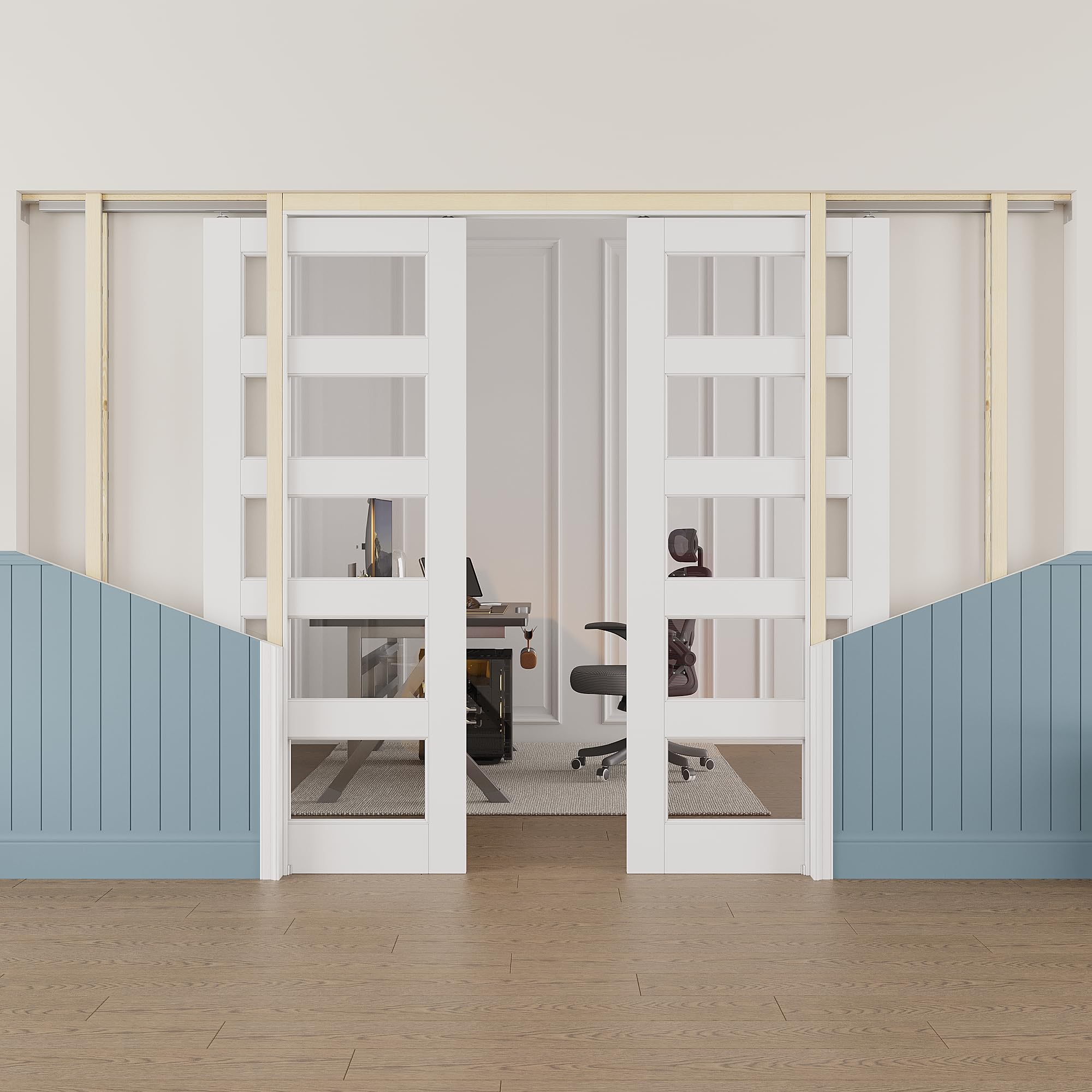 60x80 Sliding Double Pocket Door,5 Lite Clear Glass Doors,Hidden Doors