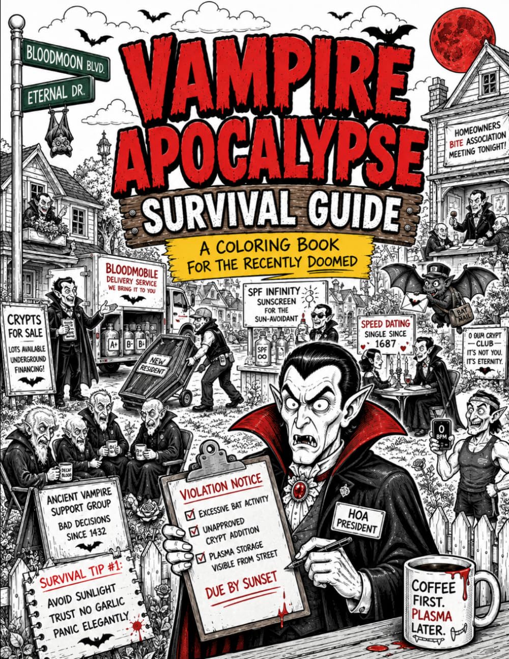 Vampire Apocalypse Survival Guide: A Coloring Book for the Recently Doomed: 40 Hilariously Dark Scenes of Immortal Chaos, Modern Problems, and Elegant Panic