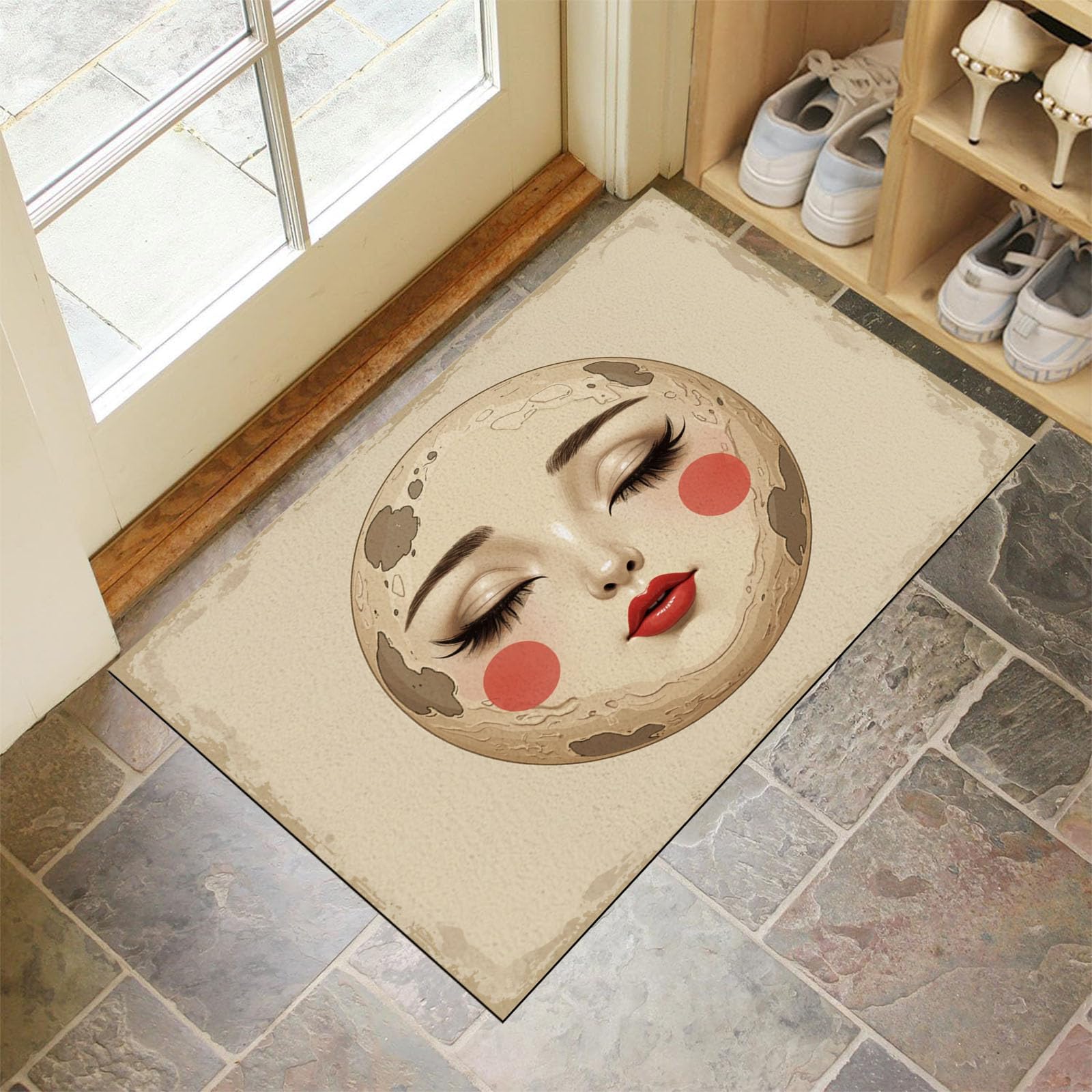 Tapis de sol antidérapant pour entrée et couloir beige style abstrait avec chien