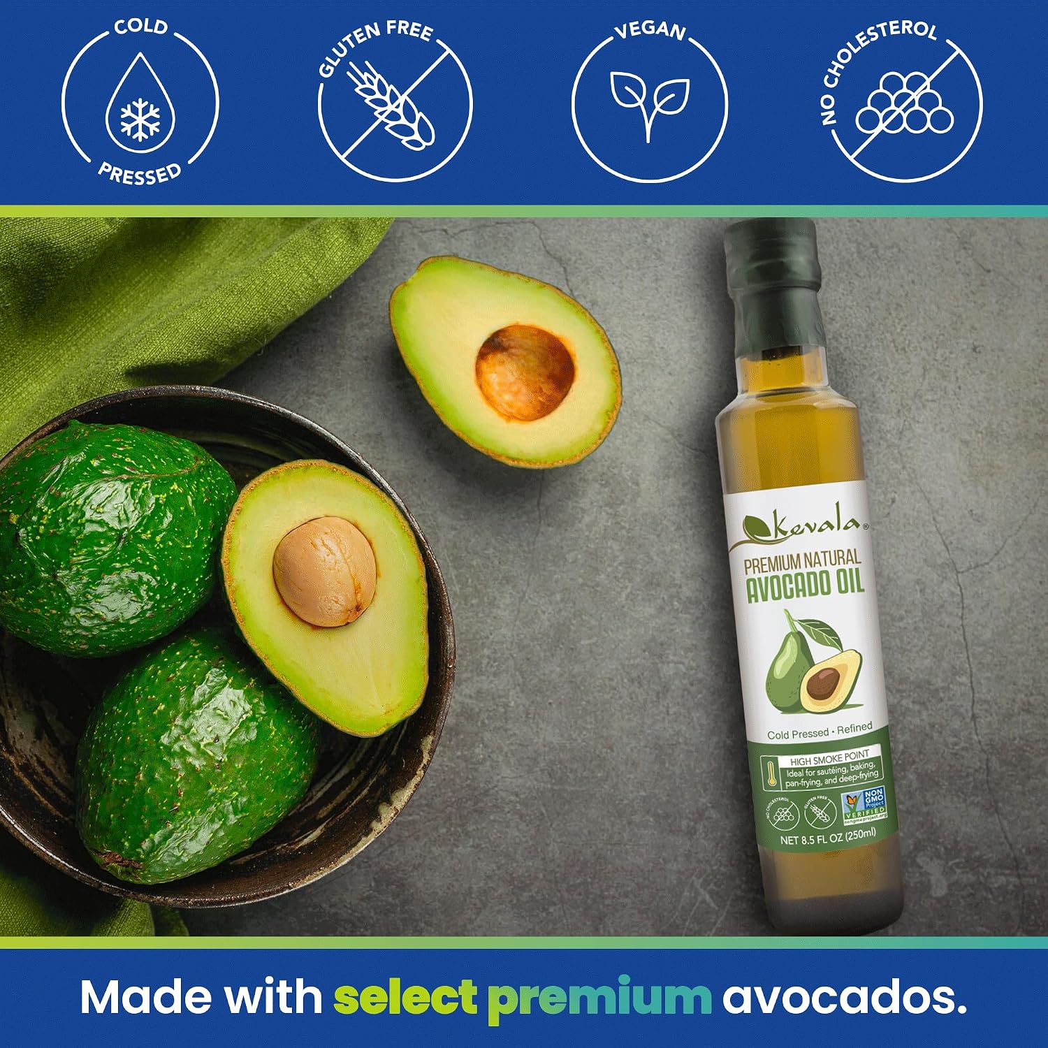 Kevala Avocado Oil – Cold Pressed | Non‑GMO Project Verified & Kosher | Multipurpose for High Smoke Point Cooking, Roasting, Sautéing & Skin Moisturizing – Ideal Kitchen Staple – 8 Fl Oz (Pack of 1)
