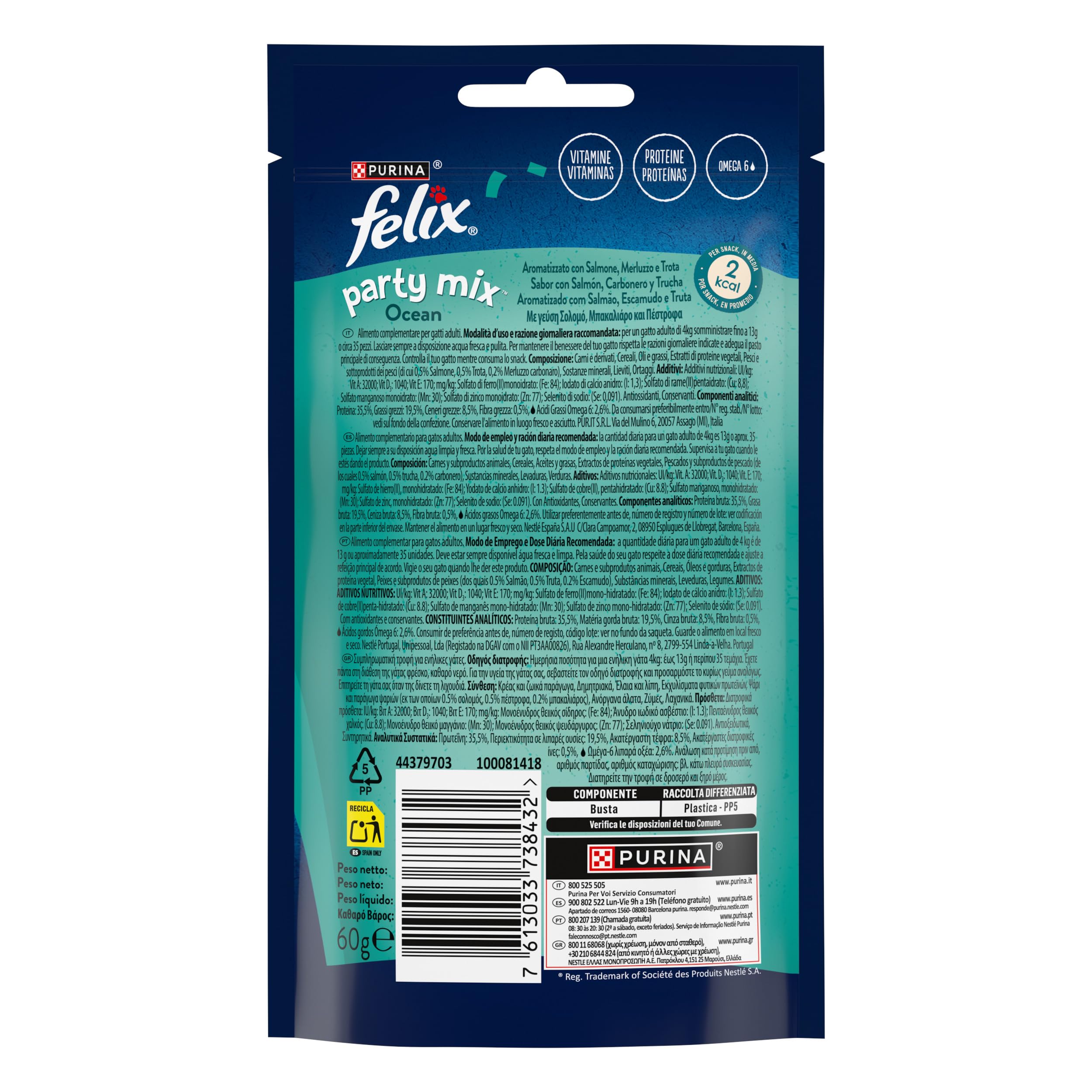 FELIX Party Mix Snack per Gatti Adulti - Croccantini per Gatti con Salmone, Merluzzo e Trota, 8 Confezioni da 60 g