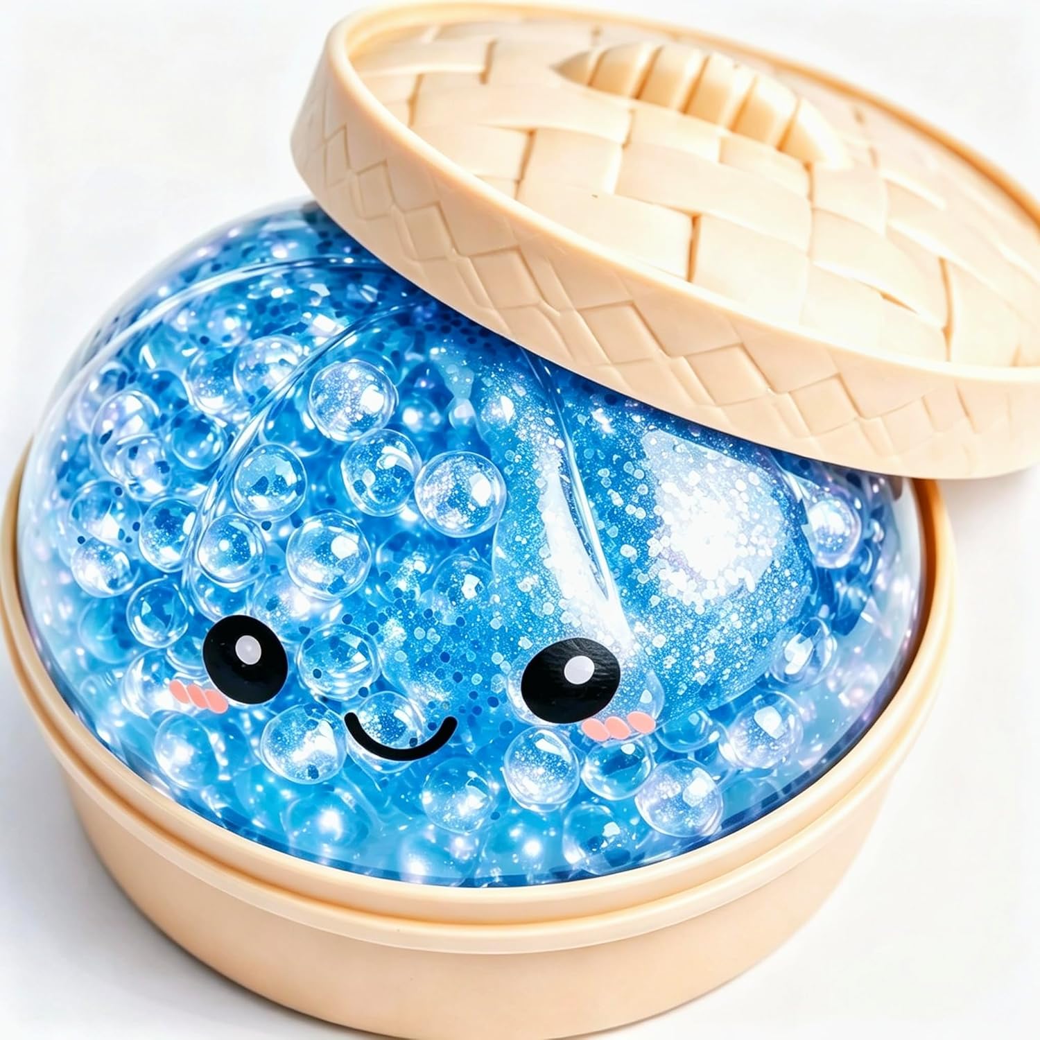 Glitter Dumpling Squishy Soft TPR Squeeze Toy, Slow Rising Stress Relief Fidget, Cute Bao Bun Desk Decor, Handheld Relaxation Toy for Office Home Adults (Blue (Beads))