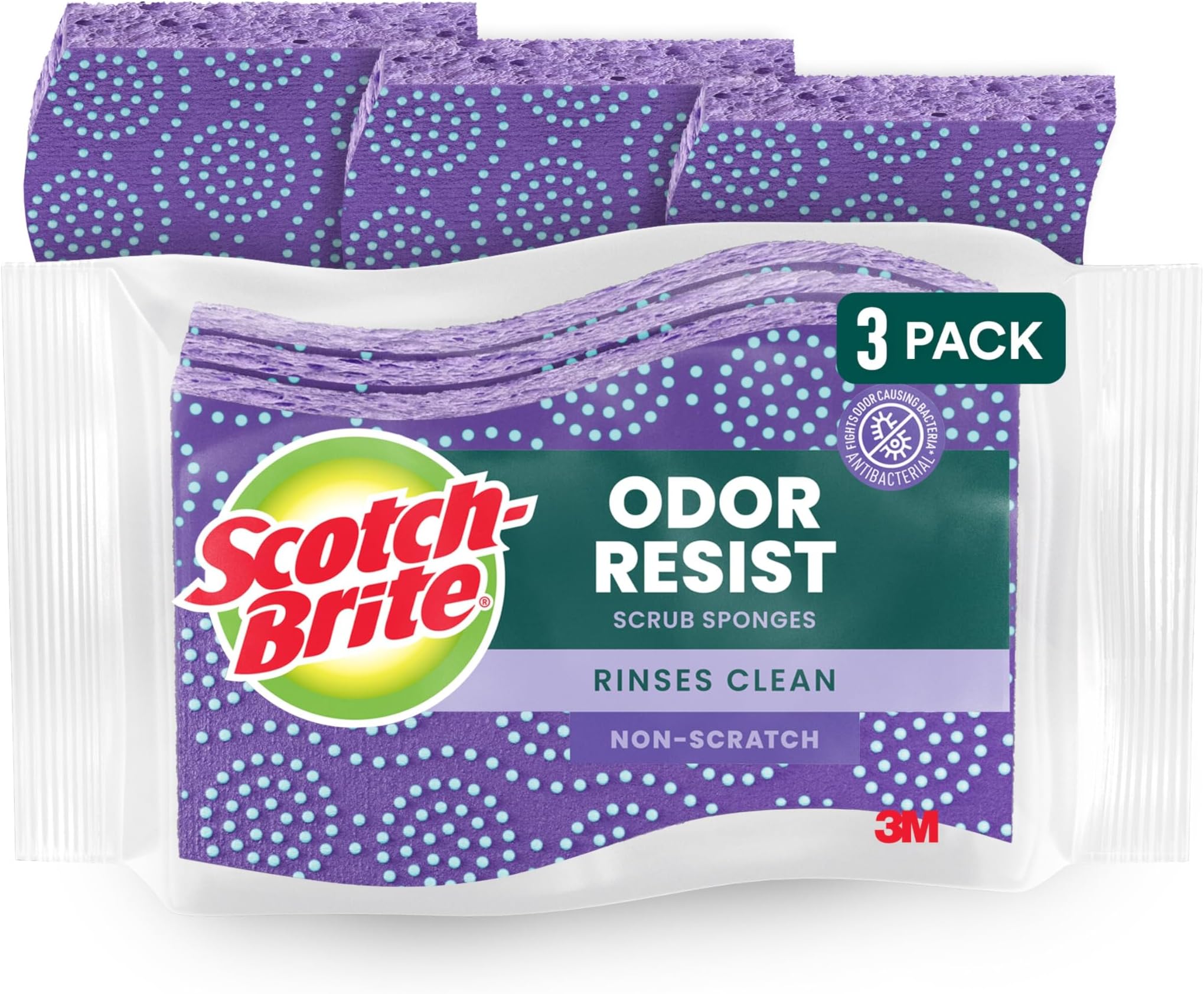 Scrub Dots Non-Scratch Scrub Sponge, Rinses Clean, for Washing Dishes and Cleaning Kitchen, 3 Scrub Sponges