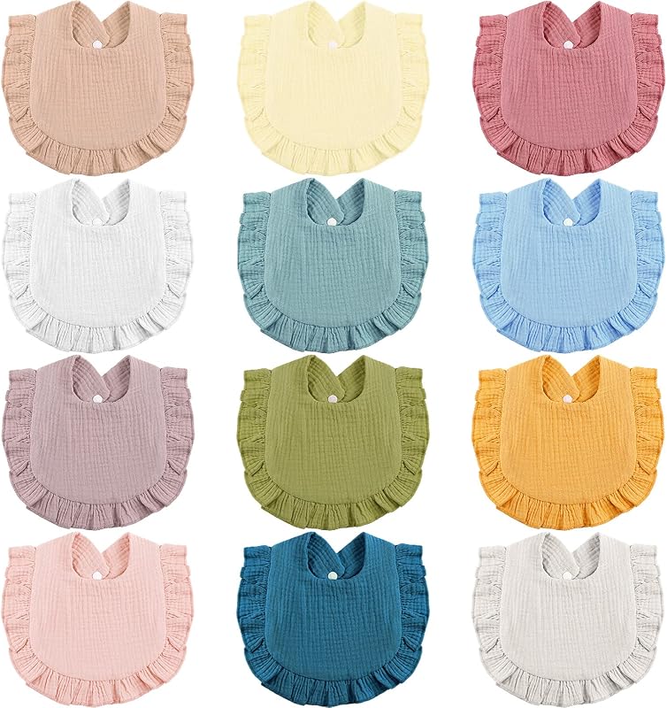 JaGely 12 Pieces Baby Muslin Bibs Bandana Drool Bibs for Boys and Girls Soft Adjustable Baby Cotton Teething and Drooling for Newborn Toddler Infant