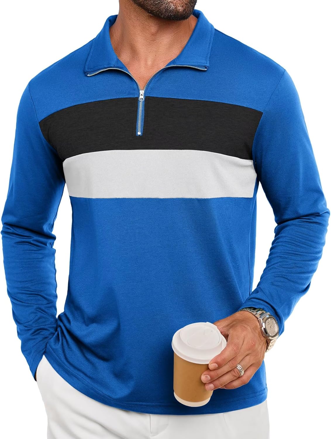Epoleatries Mens Quarter Zip Polo Shirt Long Sleeve Color Block T Shirts for Men Lightweight Casual Striped Golf Polos