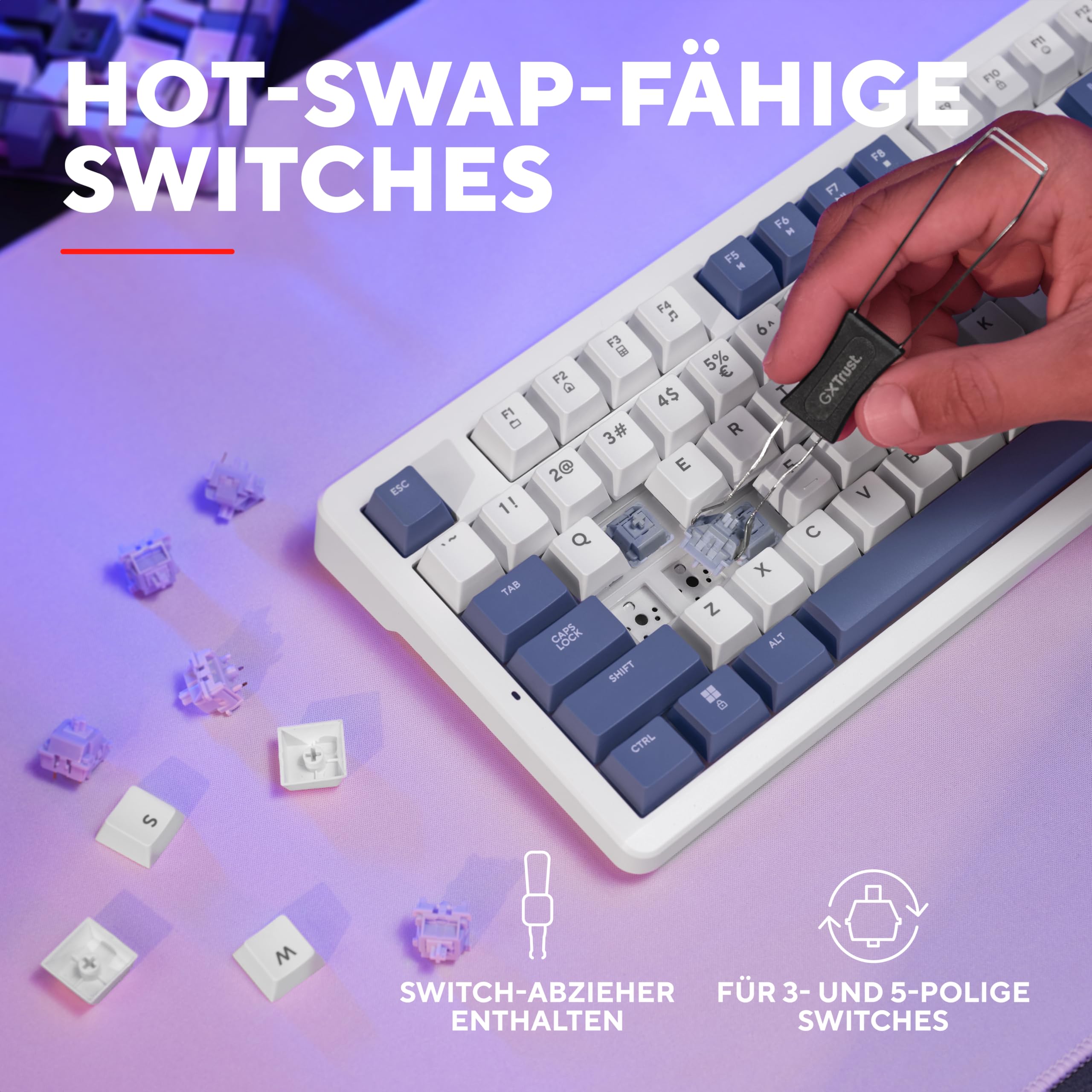 GXTrust 872 Xyra Gasket TKL Mechanische Tastatur QWERTZ Layout, Hot-Swap Creamy Gaming Tastatur 80%, USB Kabel, RGB Beleuchtung Programmierbar, 5-pin Leobog Linear 60M Schaltern für Gamer, Weiß