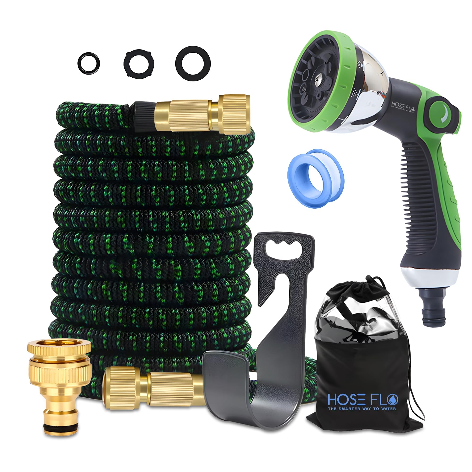 Hoseflo Green Expandable Garden Hose Pipe 150Ft Flexible Retractable Water Hose, Kink-Free Lightweight Hose With 10 Function Spray Gun, Leak Resistant For Garden, Patio & Car Washing