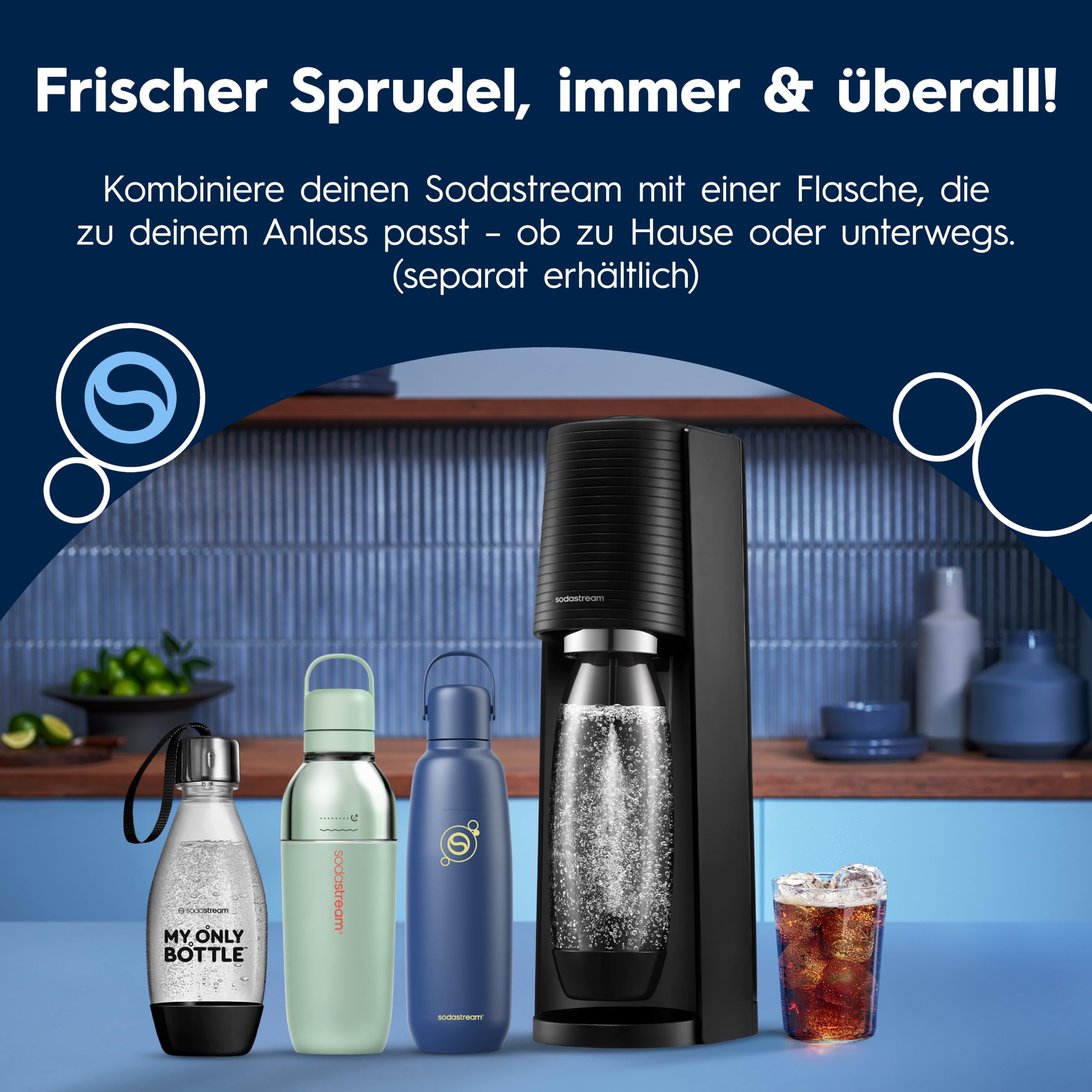 Sodastream TERRA Wassersprudler, Soda Stream Maschine mit Quick Connect 60L CO2-Zylinder, 5x 1L Kunststoff-Sprudlerflaschen, Schwarz