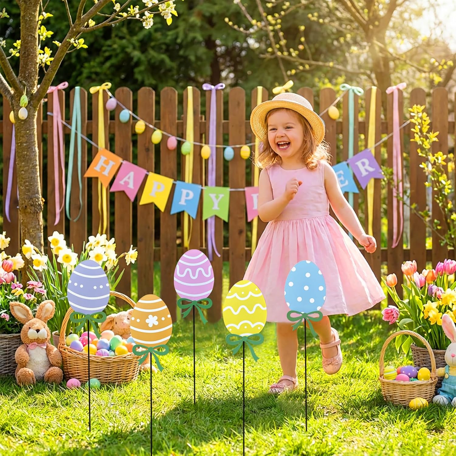 5 Packs Easter Decorations Outdoor, 21Inch Easter Eggs Metal Decorative Garden Stakes for Easter Decor, Metal Yard Sign for Spring Outside Garden Front Porch Lawn Backyard Decor