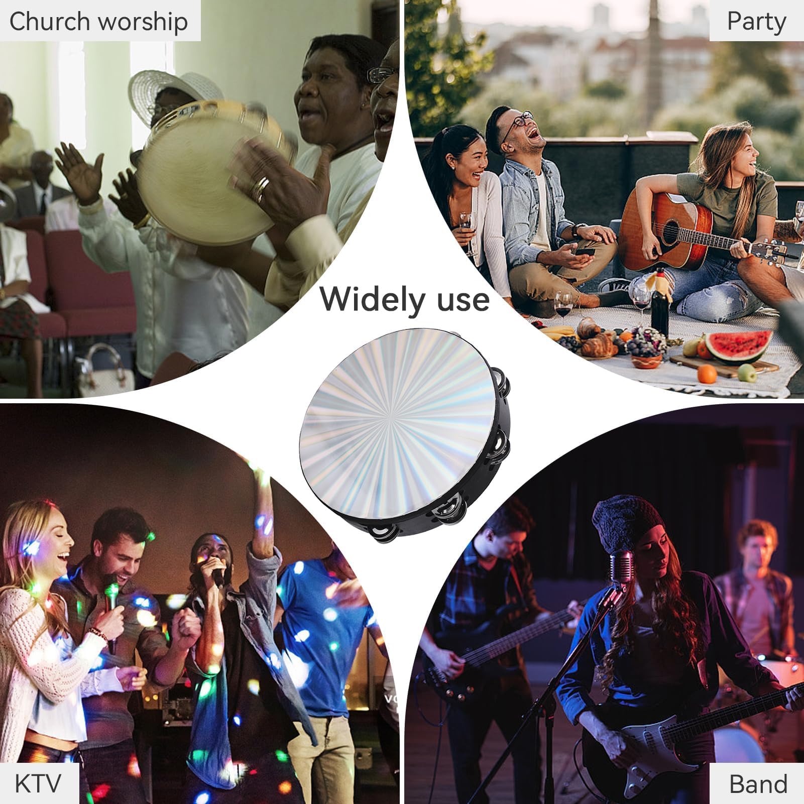 Tambour En Bois Radiant De 10 Pouces Sonnette Tambour à Main Avec Double Rangée Jingles Tête De Tambour Réfléchissante Instrument De Percussion De Musique