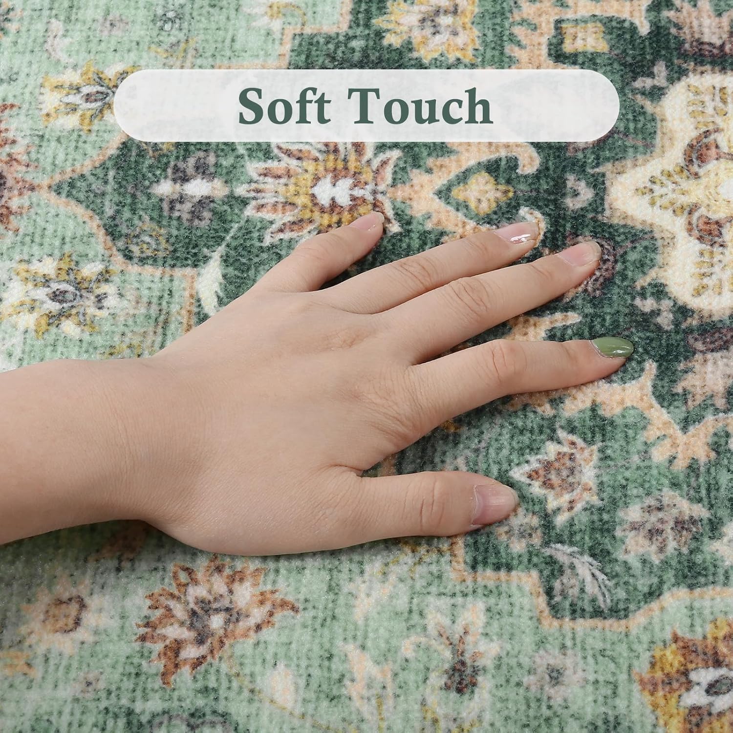 Green Floral 2' x 6' Washable Non-Slip Runner Rug