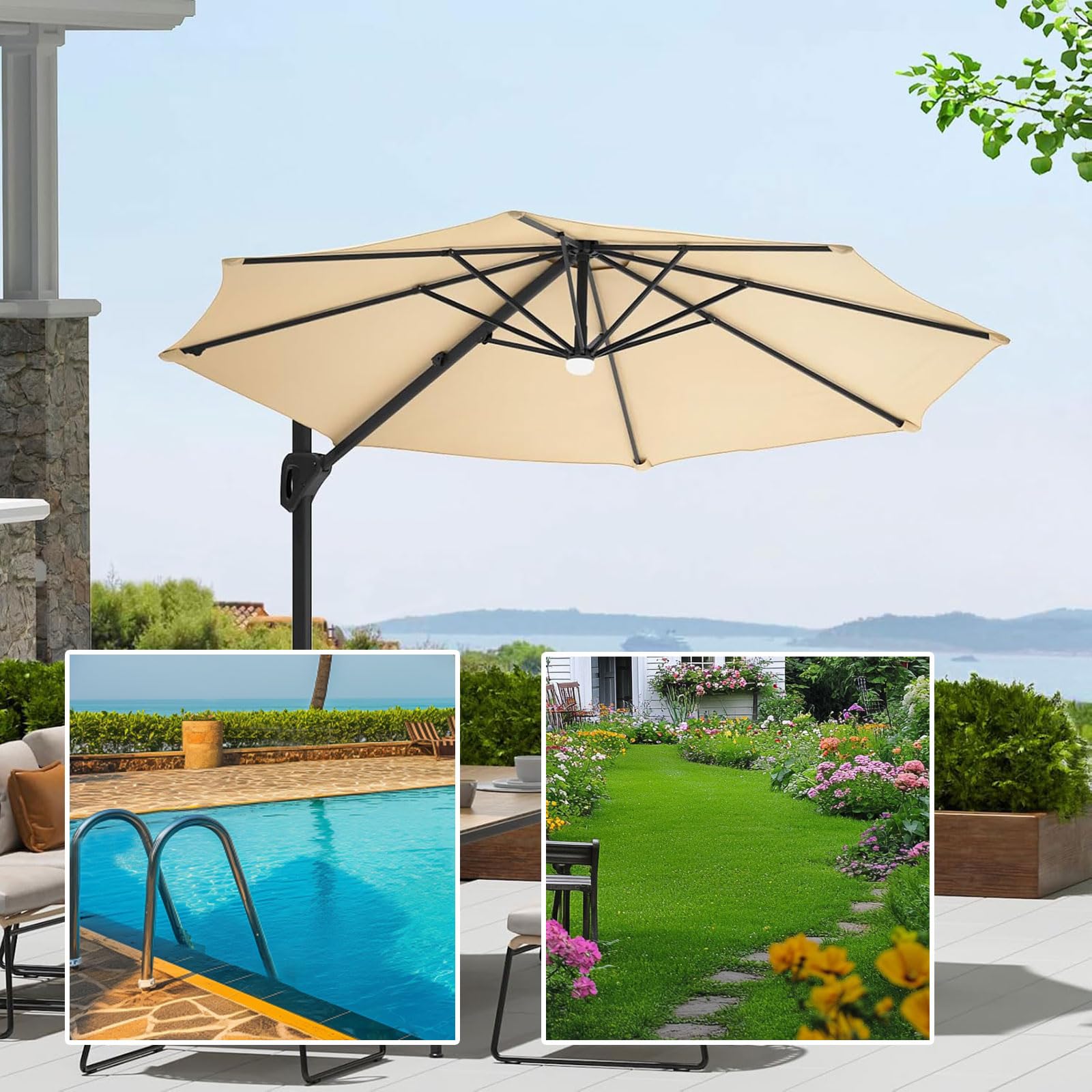 Housse de rechange pour parasol déporté 3.0m 3.5m Toile De Remplacement Parasol De Terrasse 8 Baleines Rond Imperméable