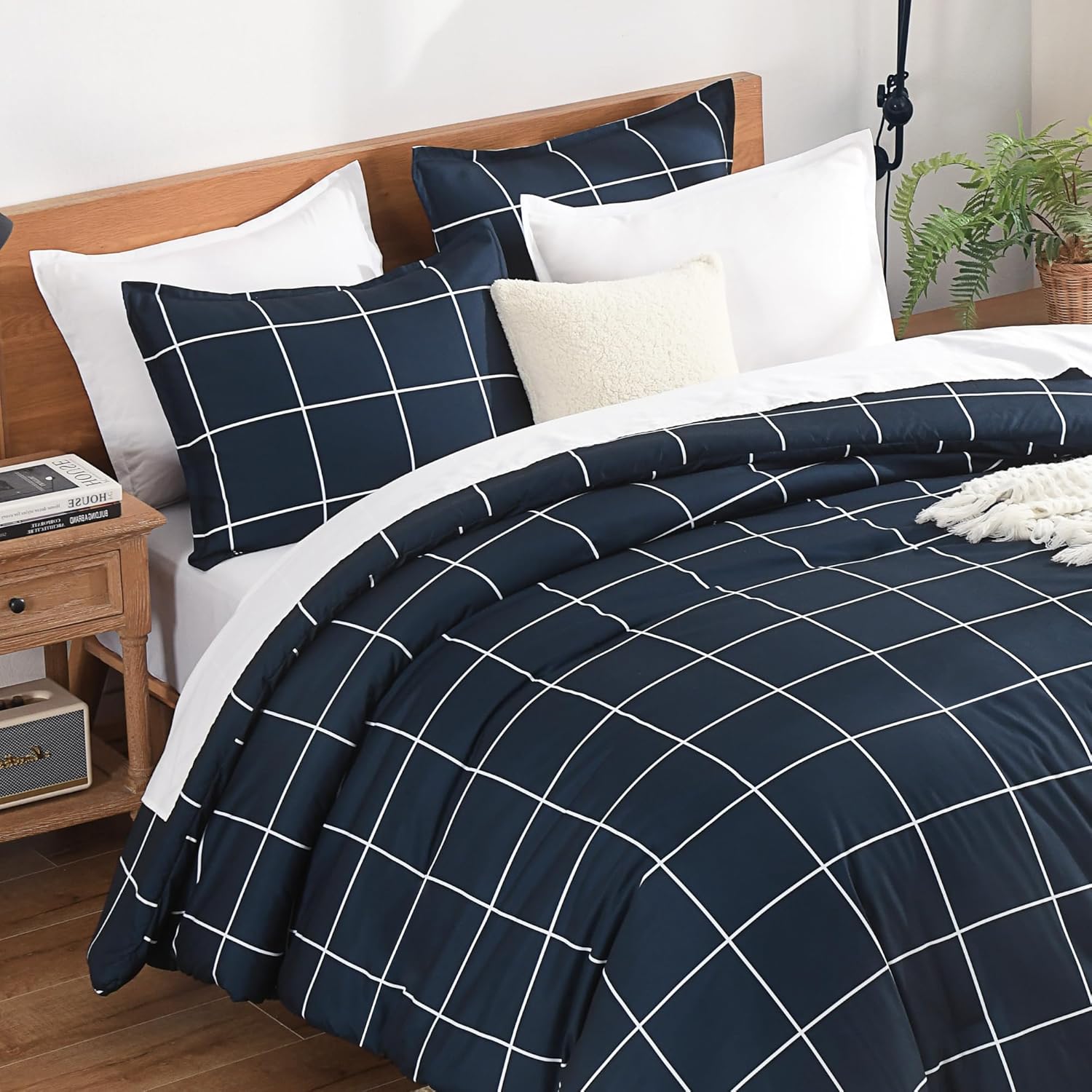 Andency Navy Plaid Comforter Full(79x90Inch), Dark Blue Grid Gingham Buffalo Plaid Bed Set for Boys Kids Teens, 3 Pieces Lightweight Polyester Geometric Preppy Bedding