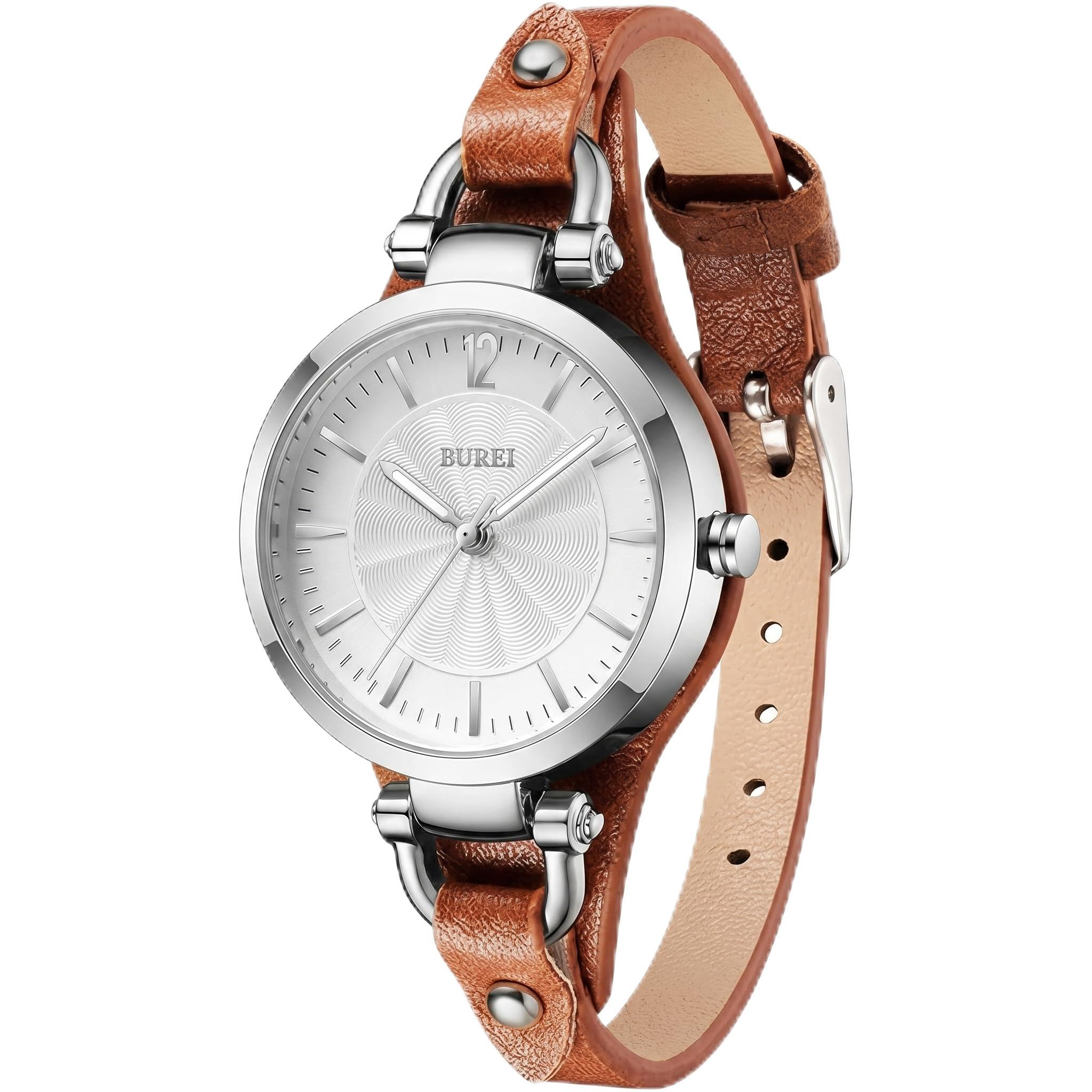 BUREI Damenuhren – Armbanduhr Damen mit Handgemachtem Echtleder & Schmalem Band – Damenuhr Lederarmband für Arbeit & Freizeit – Als Geschenk