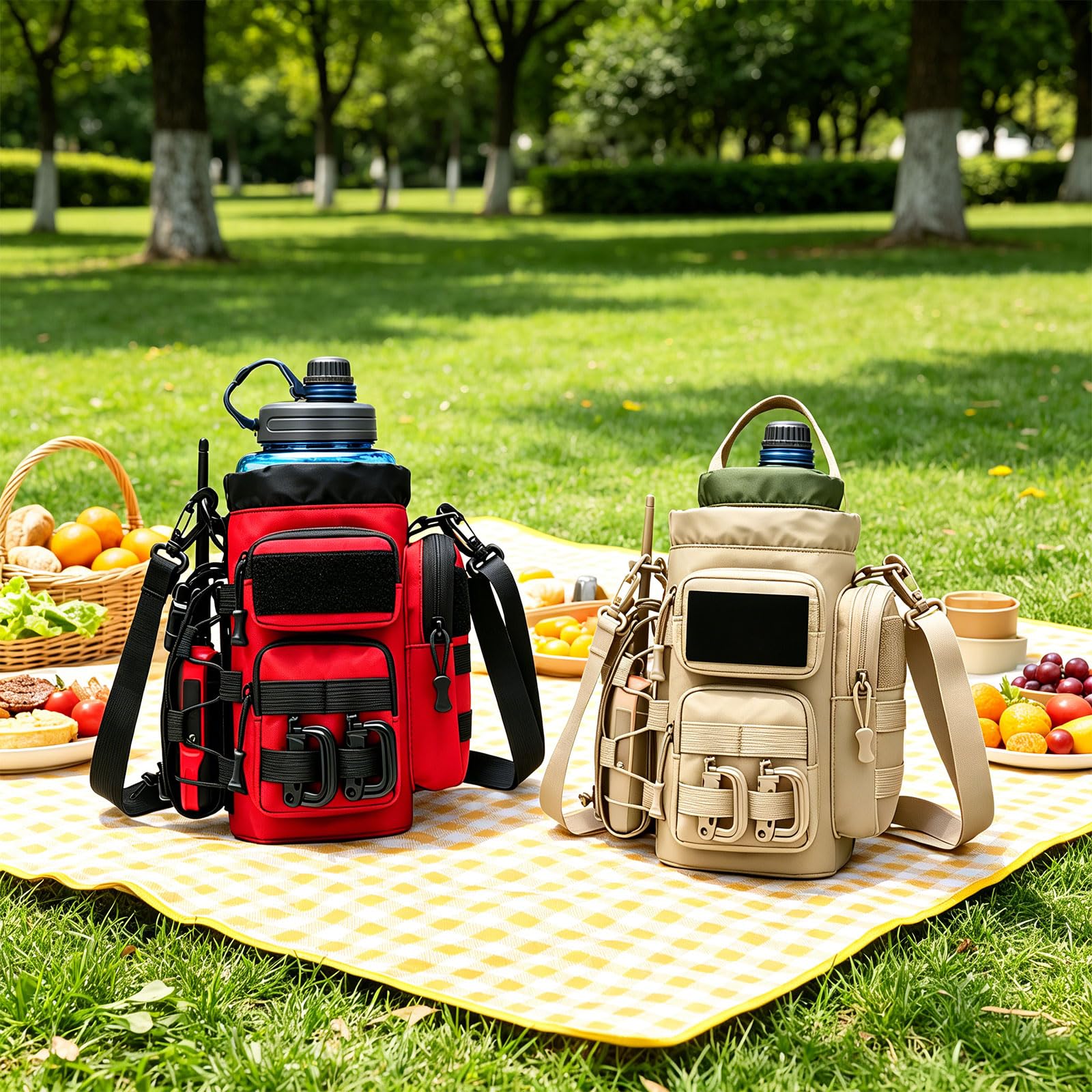 Flaschentasche für Camp-Wanderungen und Picknicks, 25 x 13 cm, Wasserflaschenhalter mit Kordelzug oben und Griff, Kantinen-Halterung, Tasche, Outdoor-Flasche, Trail, Ausrüstung, Organizer